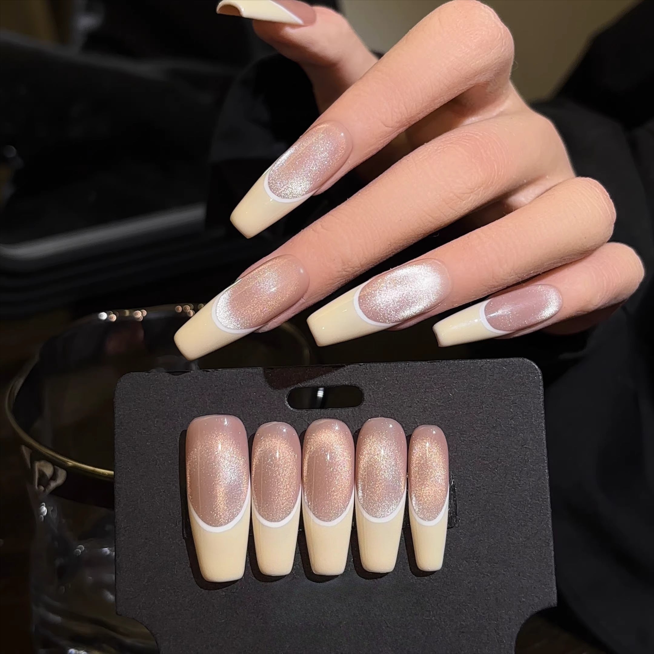 Handmade, blush pink cat-eye glass beads, milky white french classic, versatile everyday press-on nails SYL002