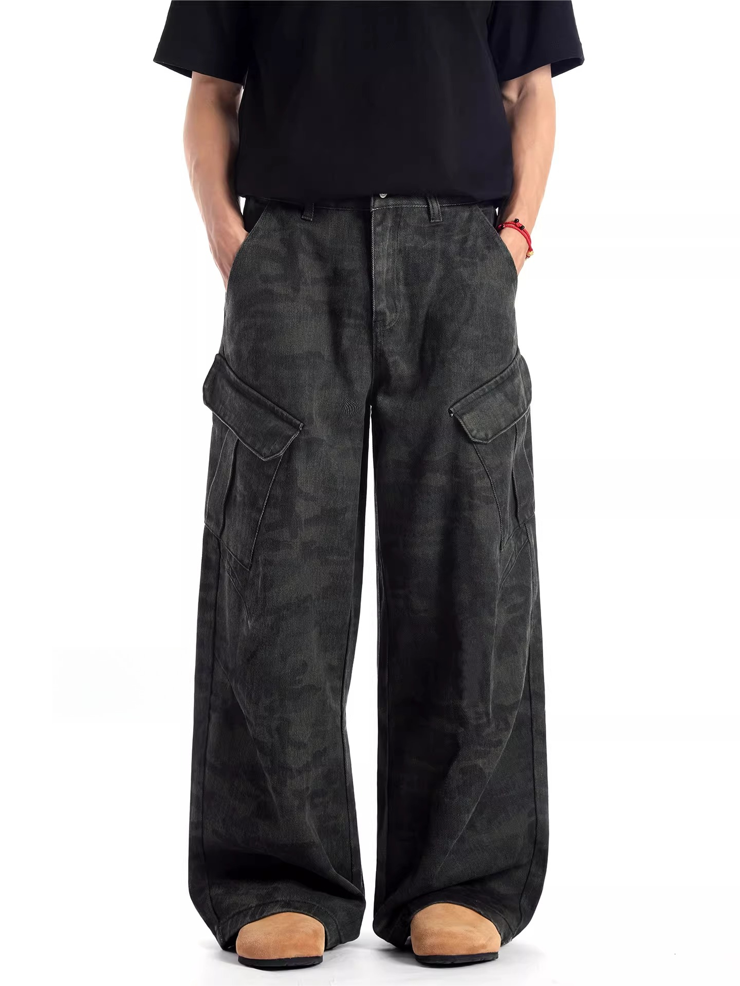 American retro camo design scimitar jeans - men's and women's loose fit wide leg cargo pants with large pockets