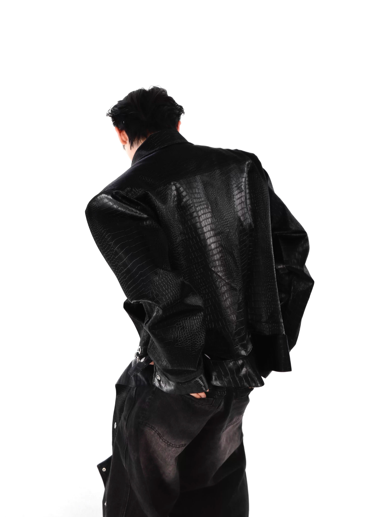 Original niche crocodile pattern shoulder pad pu leather jacket patchworksense of designoutwearclassytopsmen