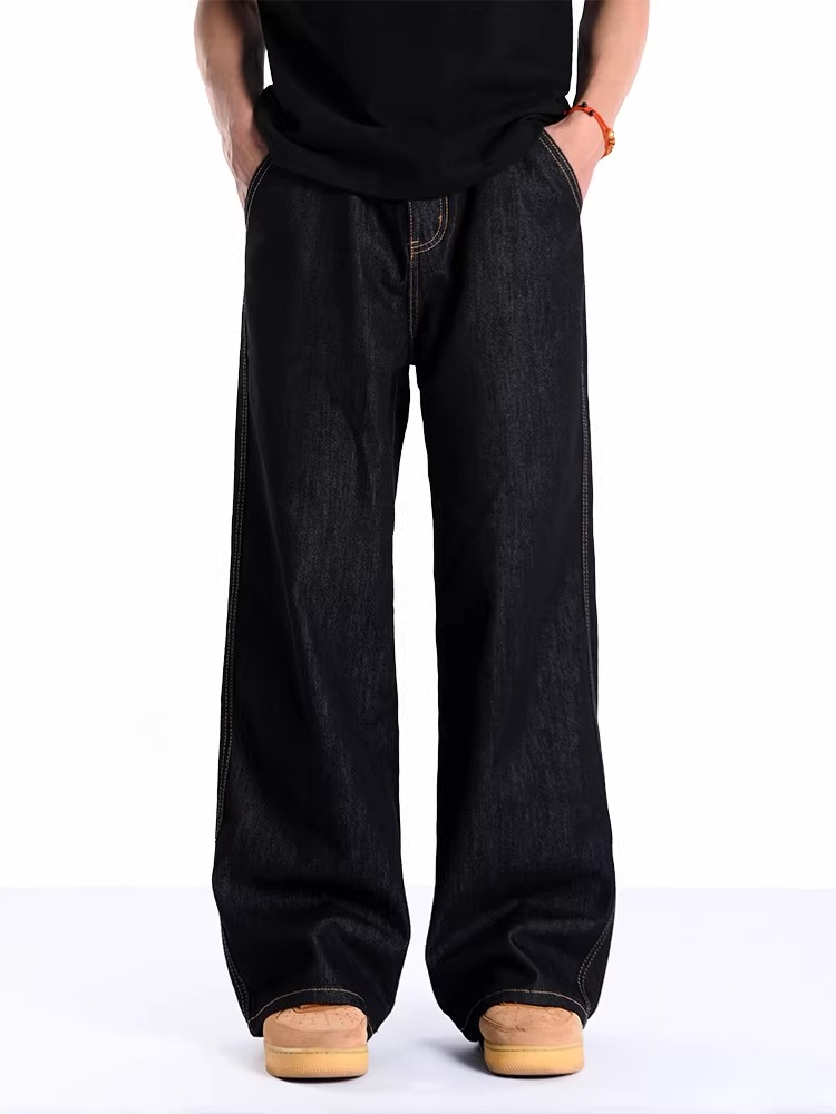 Raw cow black retro classic jeans spring and summer men's loosestraight-leg wide leg red ear denim a-line pants