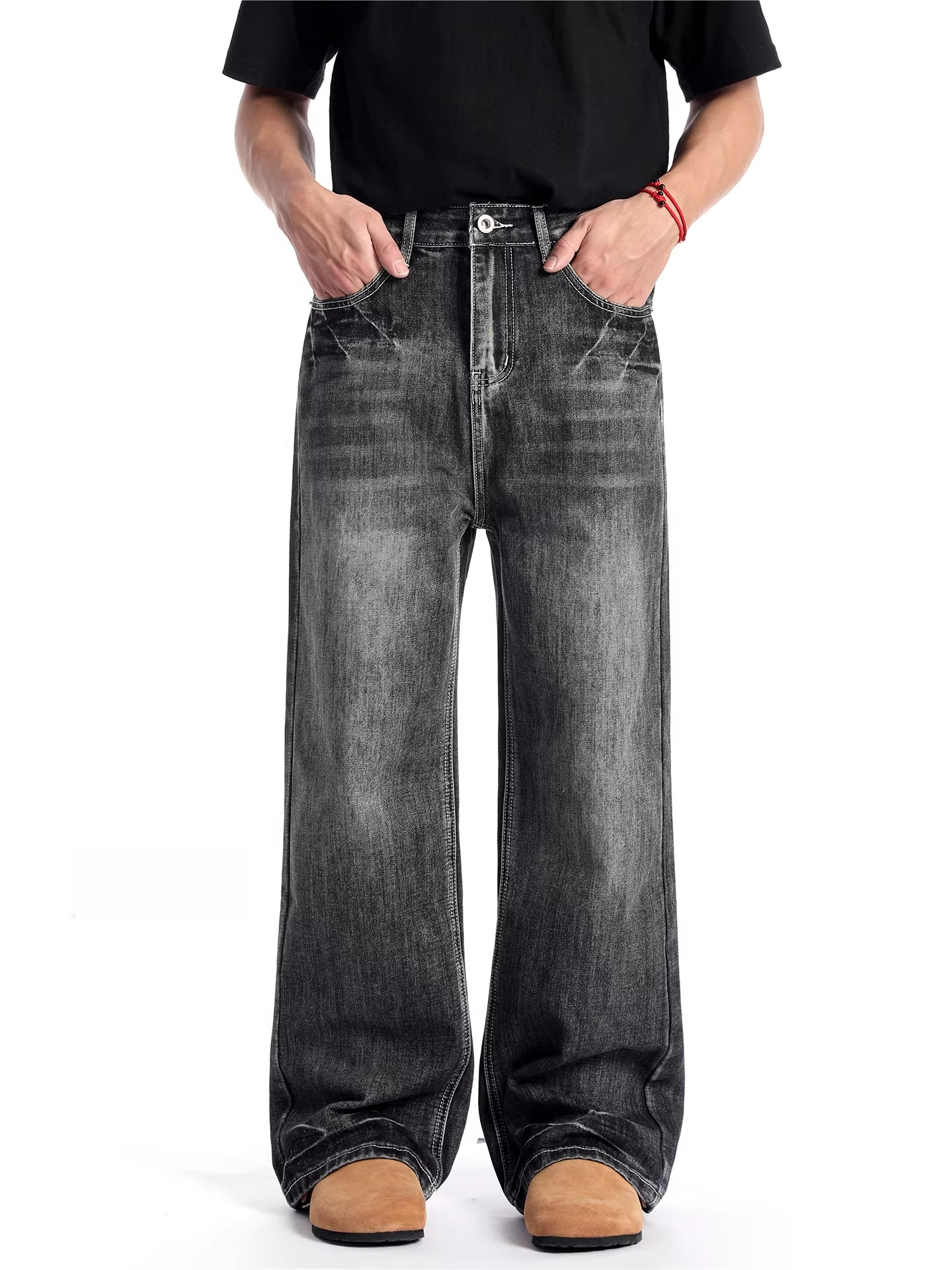 American retro lightning pattern jeans men's cleanfitloosestraight-legloose pantscasualpants