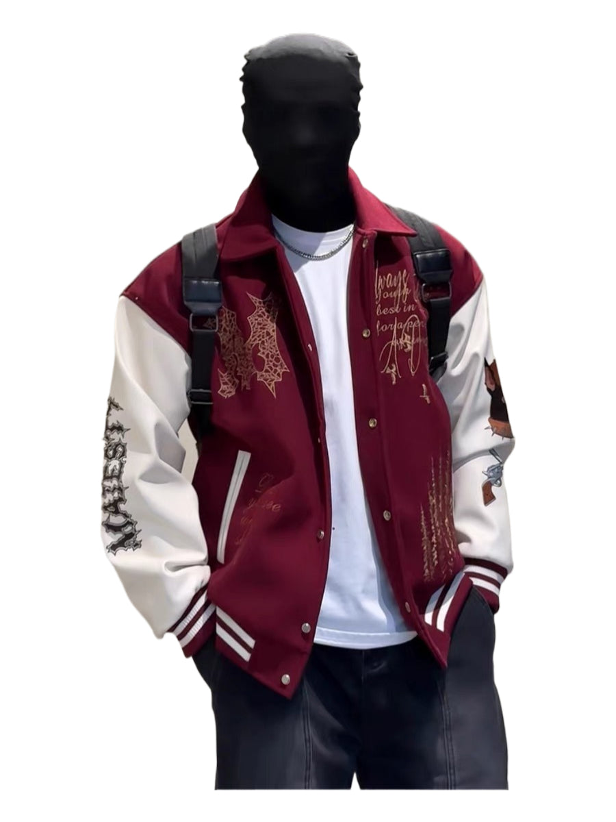 American heavy industry embroidery splicing contrasting color baseball jacket men's trendy high street couple lapel jacket