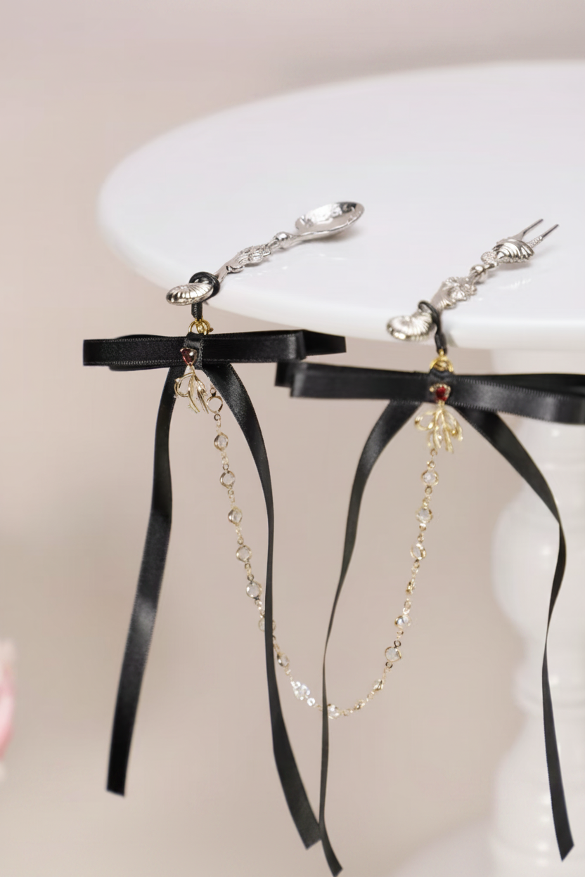 Coquette Ribbon Bow Nipple Clips with Pearl Chain (Pair)