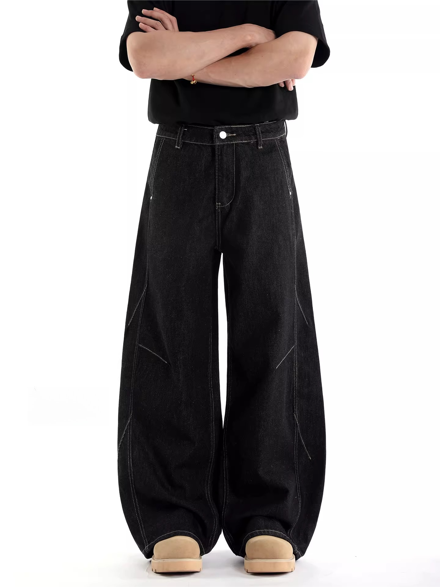 American retro denim original color loose wide-leg jeans men's and women's black pants classy casual pants