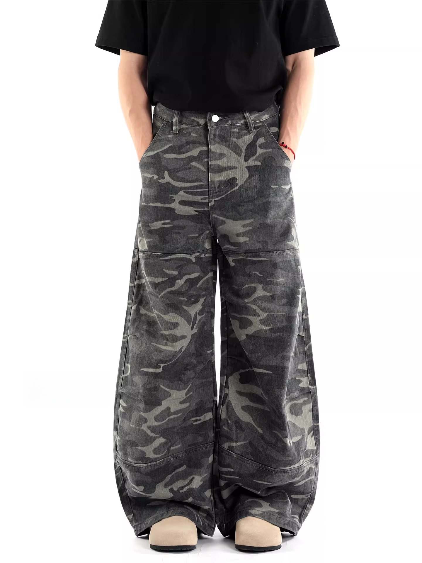 American retro camouflage workwear pants men's loose wide leg jeans winter streetwear patchwork casual trousers