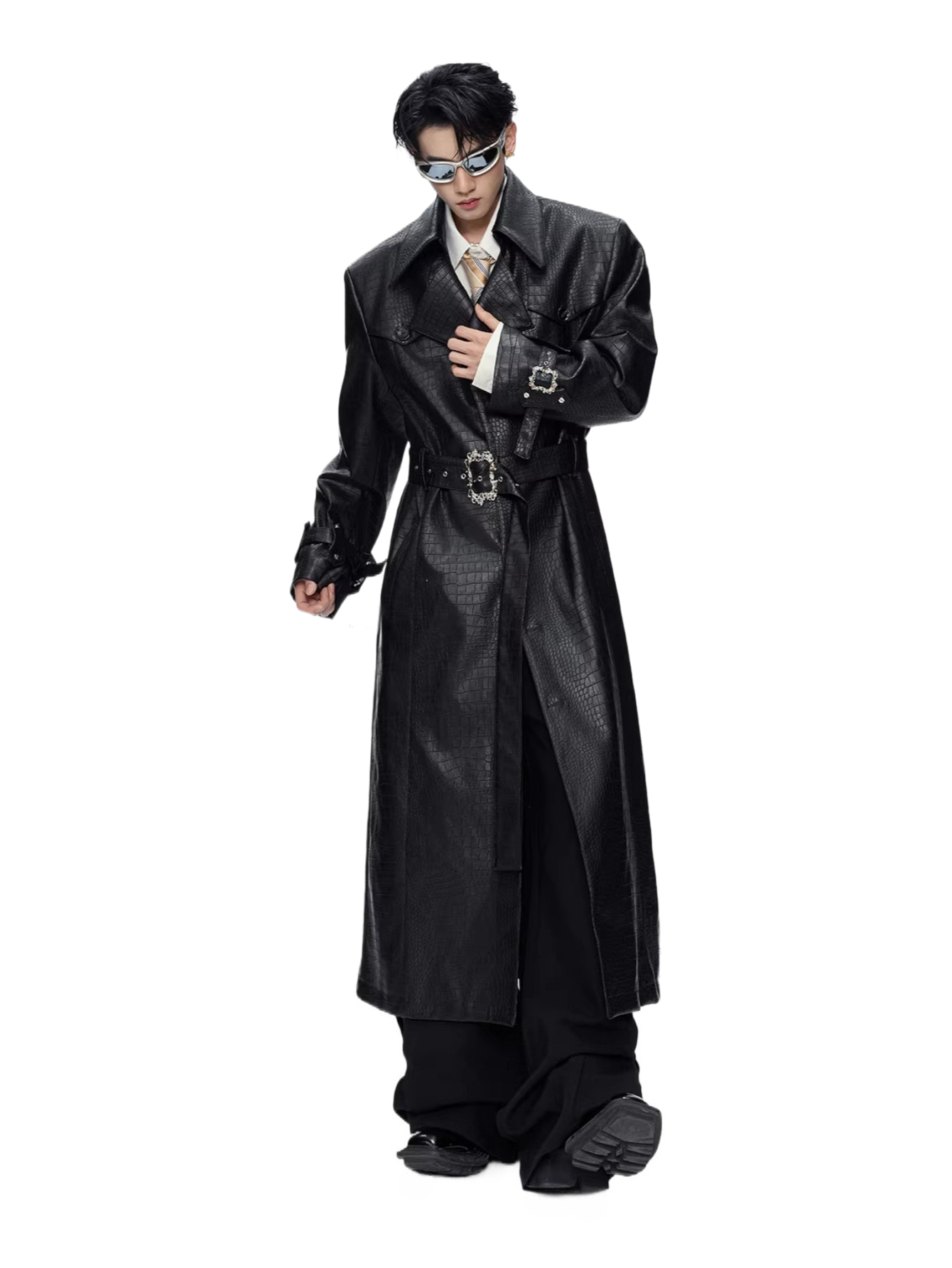 Niche style deconstructed crocodile pattern wide shoulder leather coat metal design waist over the knee long windbreaker