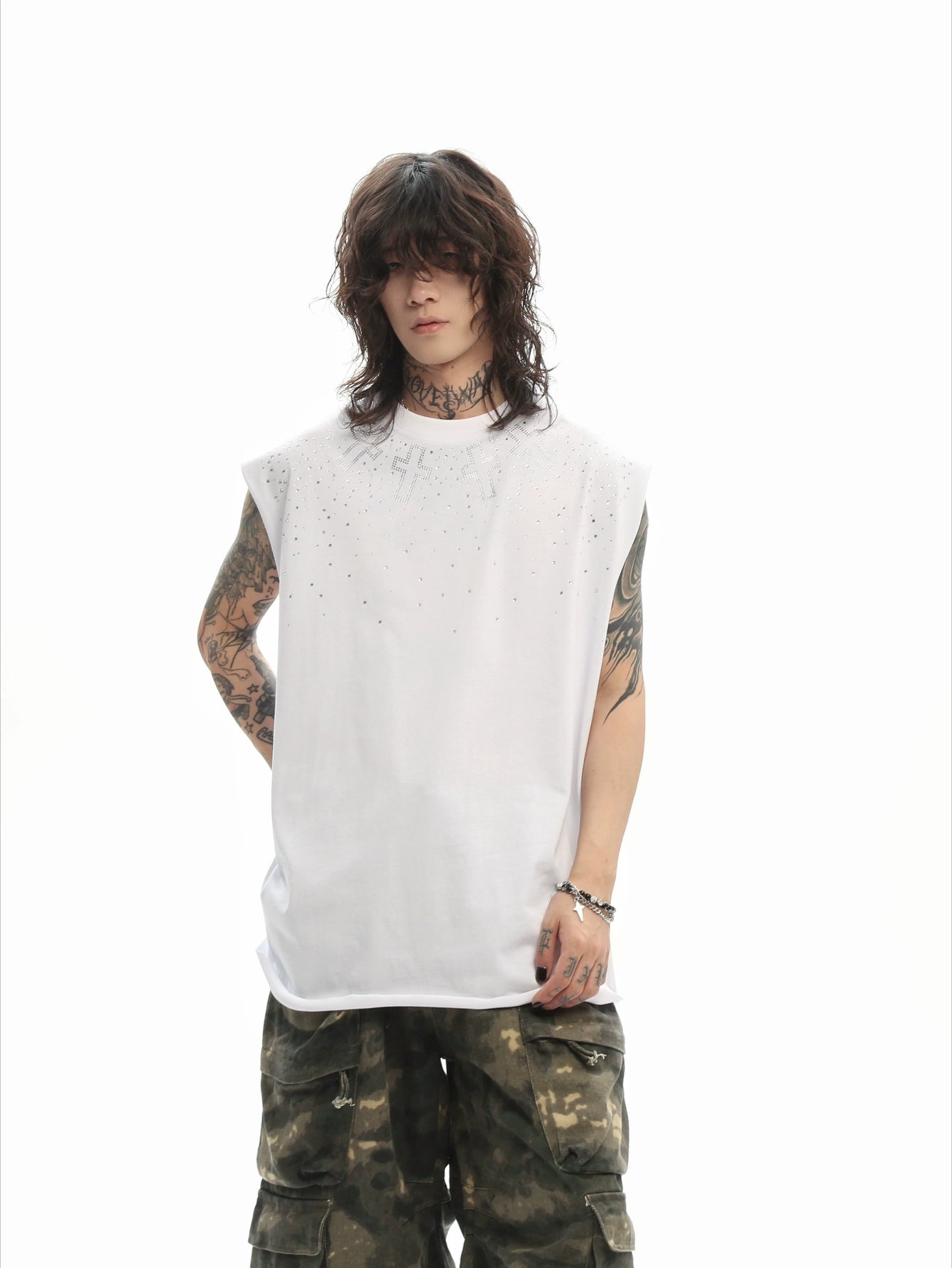 Oversized Rhinestone Cross Sleeveless T-Shirt