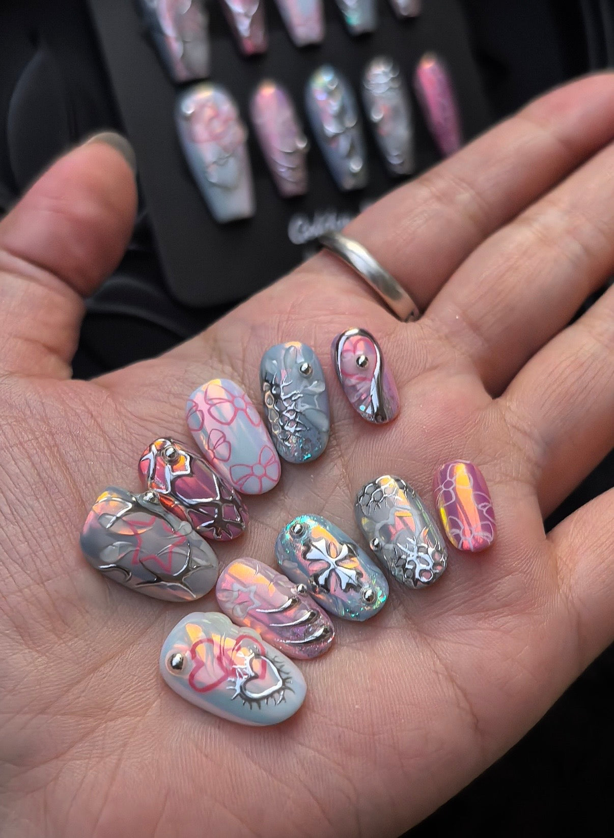 Y2K Cyberpunk Silver 3D Chrome & Iridescent Handmade Press-On Nails