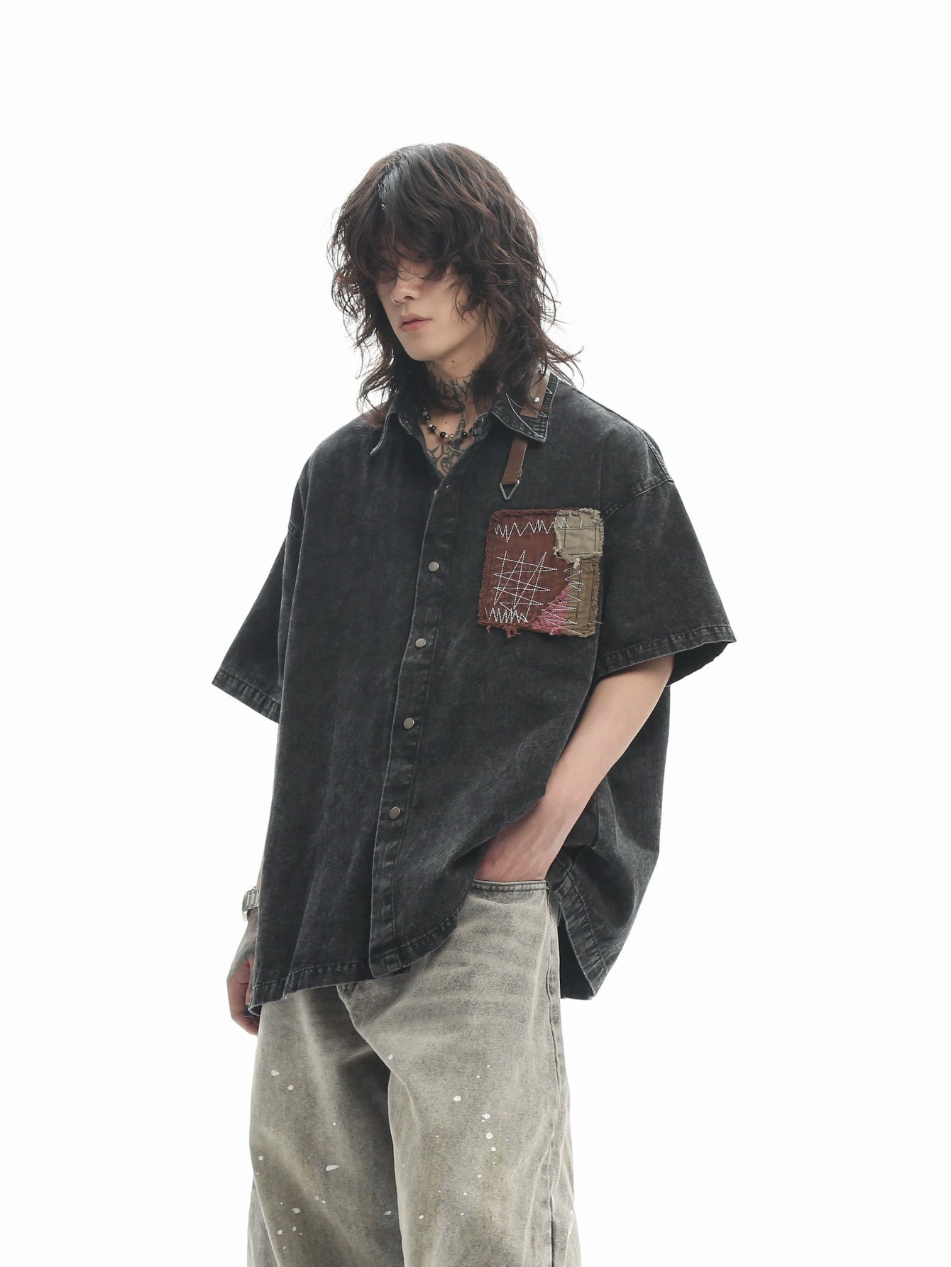 Vintage Washed Patch Embroidered Denim Shirt