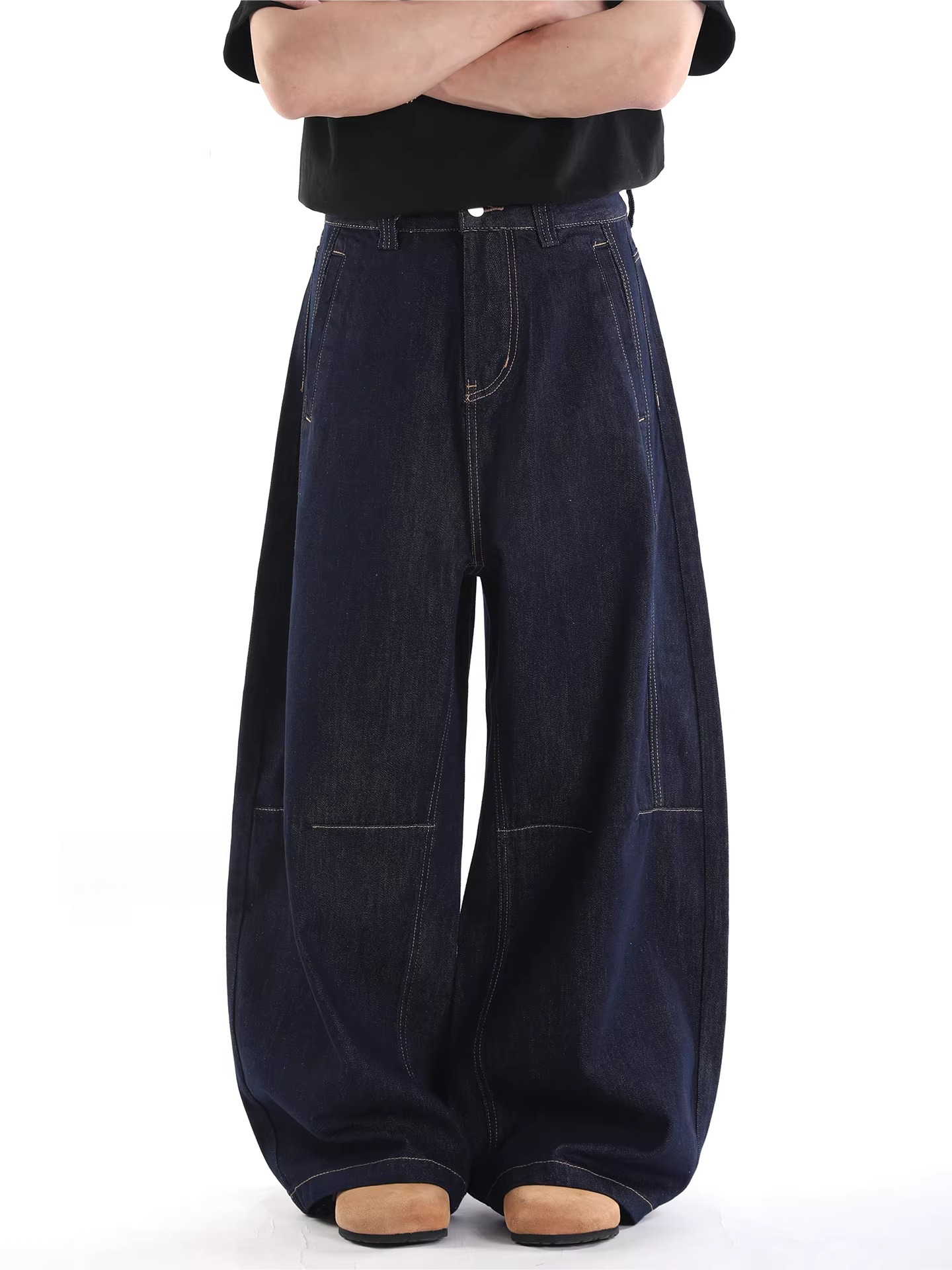 American retro denim wide-leg jeans with distressed hem – unisex, unique design, relaxed fit, and flowy drape