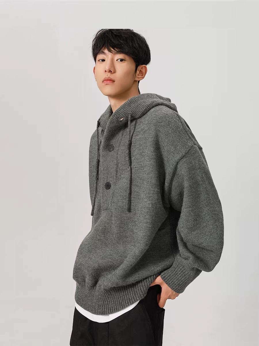 Heavyweight grey hooded knit sweater SIN013
