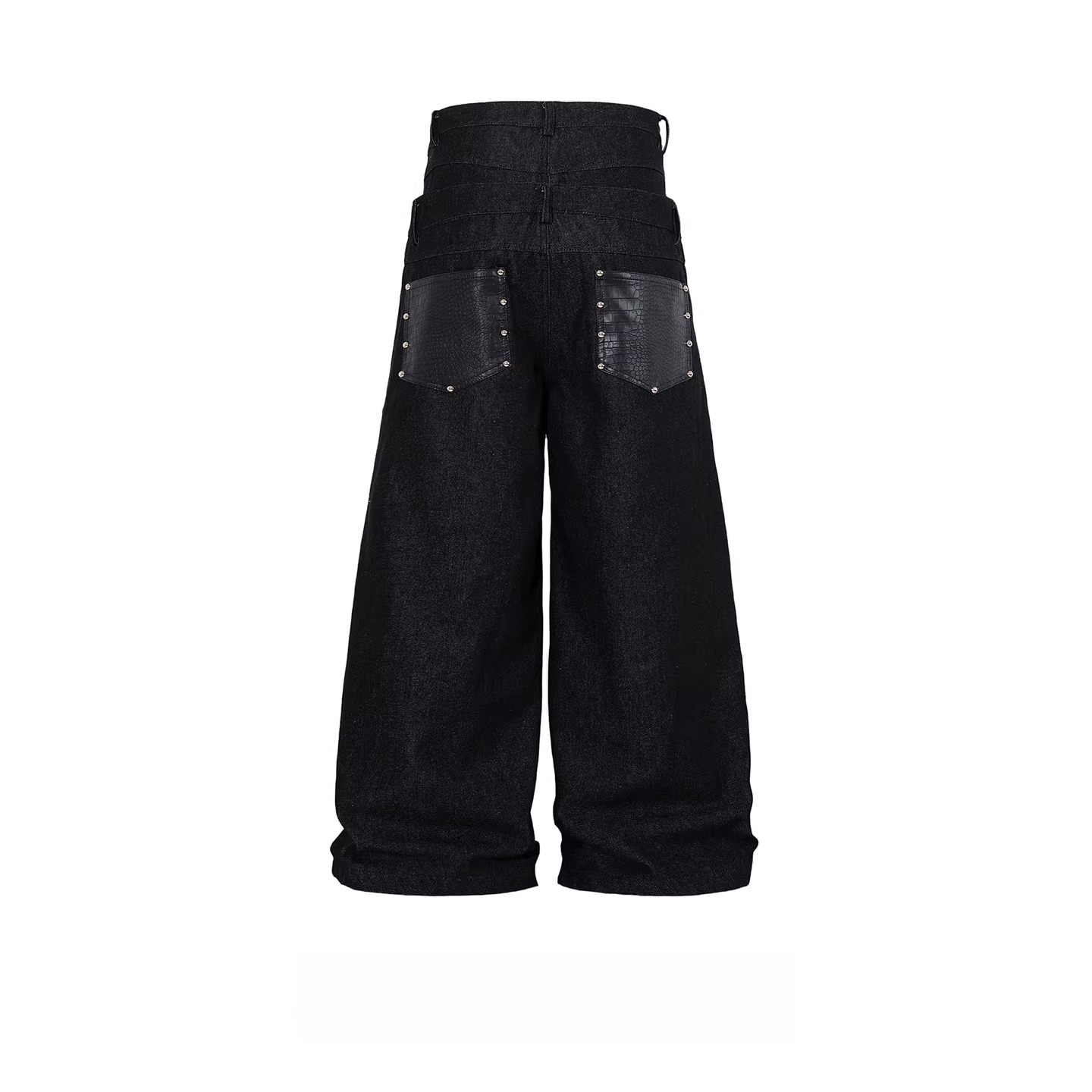 American high street buttoned double waist loose wide leg scimitar pu leather flap pocket pantspants original color jeans