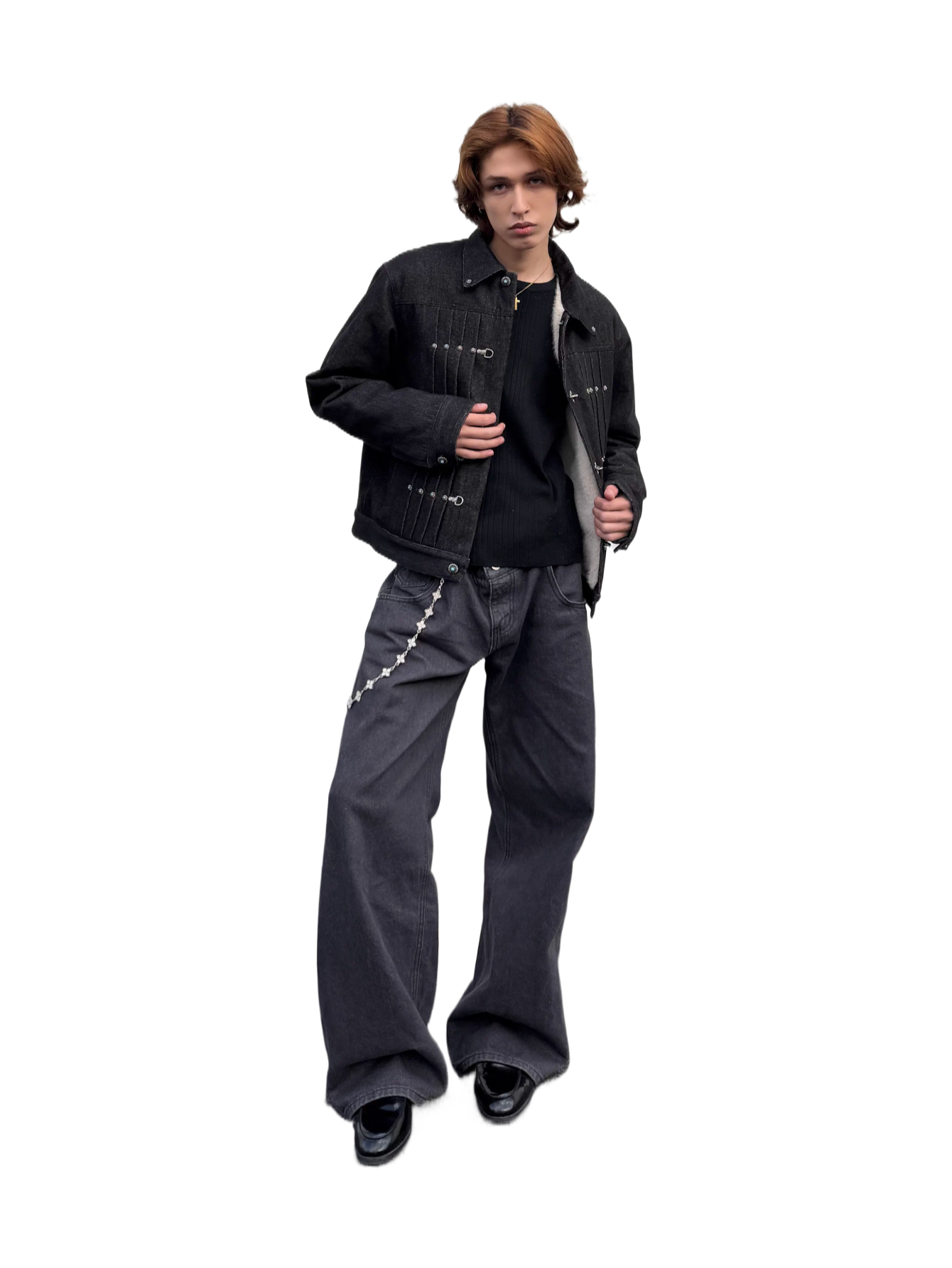 Old money style red denim airplane buckle placket lapel jacketoutwear SIN0875