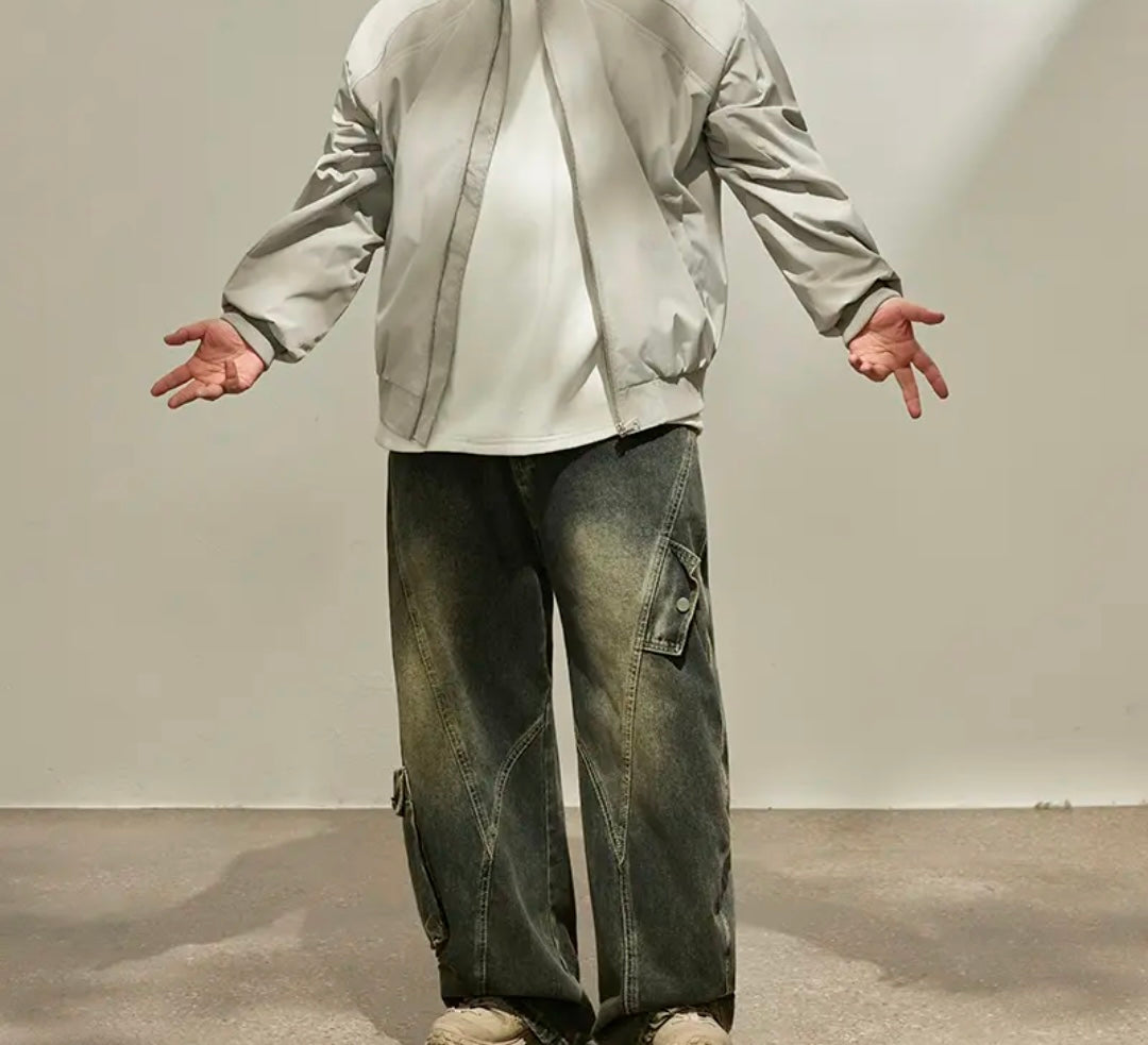 Big size men's spring new workwear loose jeans curved knife trend