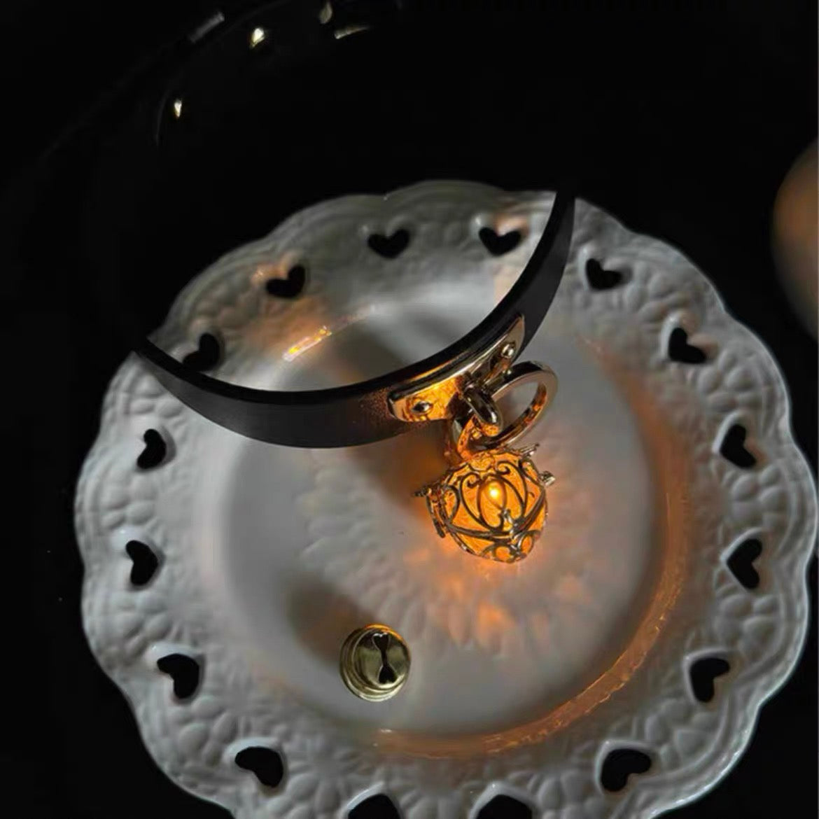 Glowing bell collar, moody genuine leather choker, lead necklace, neck strap