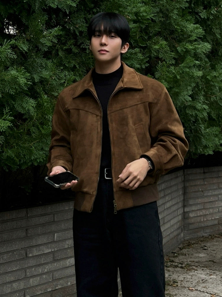Retro style short leather jacket men's autumn and winter imitation suede lapel jacket Korean commuter wear
