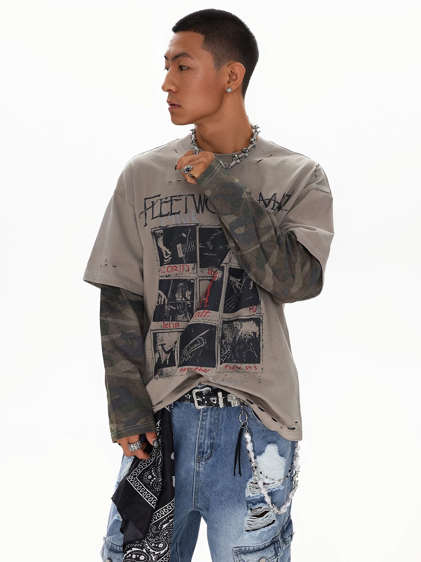 American high street camouflage patchwork long sleeve t-shirt for men - new spring 2026 trendy faux two-piece top sinclub3491