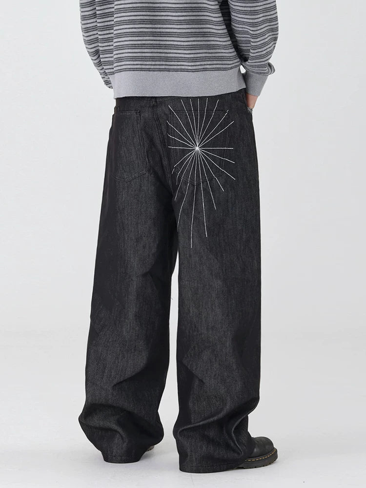 Vintage raw denim jeans for men - spring wide leg straight fit, korean-inspired design with embroidered details