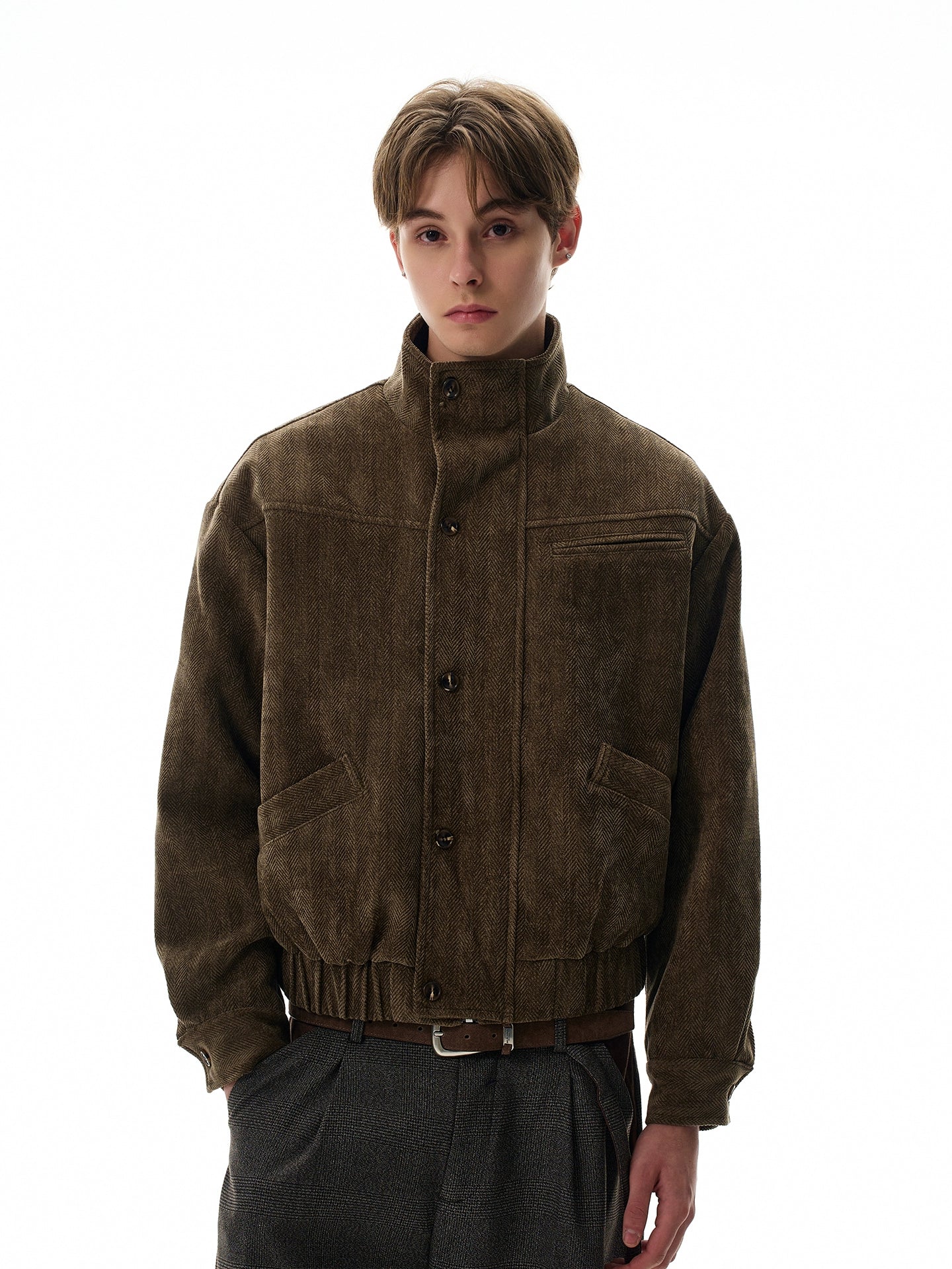 Vintage Barn brown textured stand-up collar jacket SIN0971