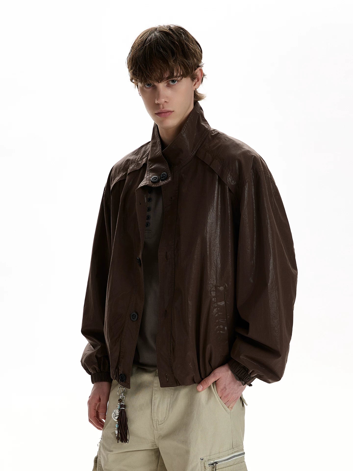 Glossy stand-up collar leather jacket boxy single-breasted silhouette short jacket WY045