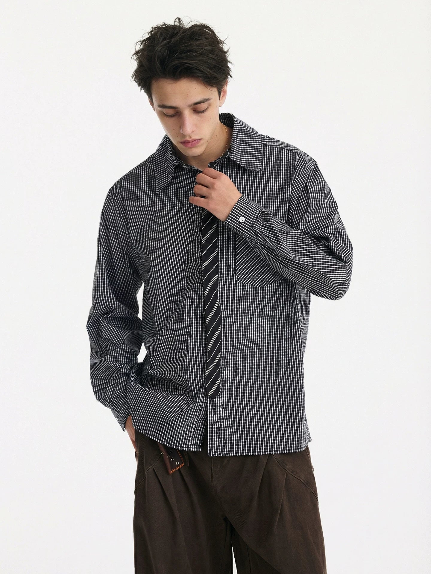 Fake two-piece tie high-quality long sleevesshirt men's autumnew arrival old money style patchworkplaidtops SIN093