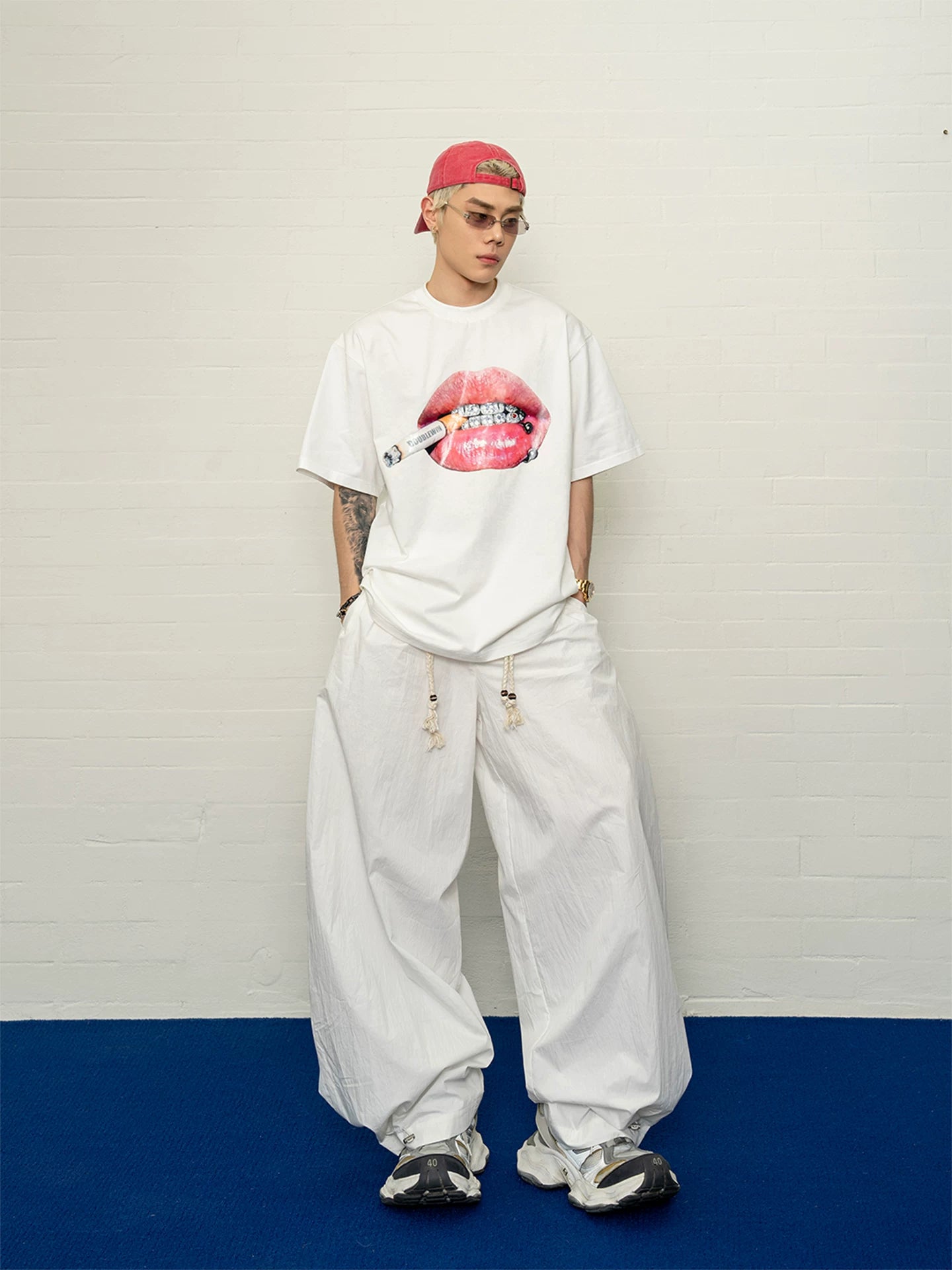 Glossy tooth drill printing dropped shoulder pure cotton short-sleeved t-shirt summerloose crisp easiest for matchtops men sinclub1693