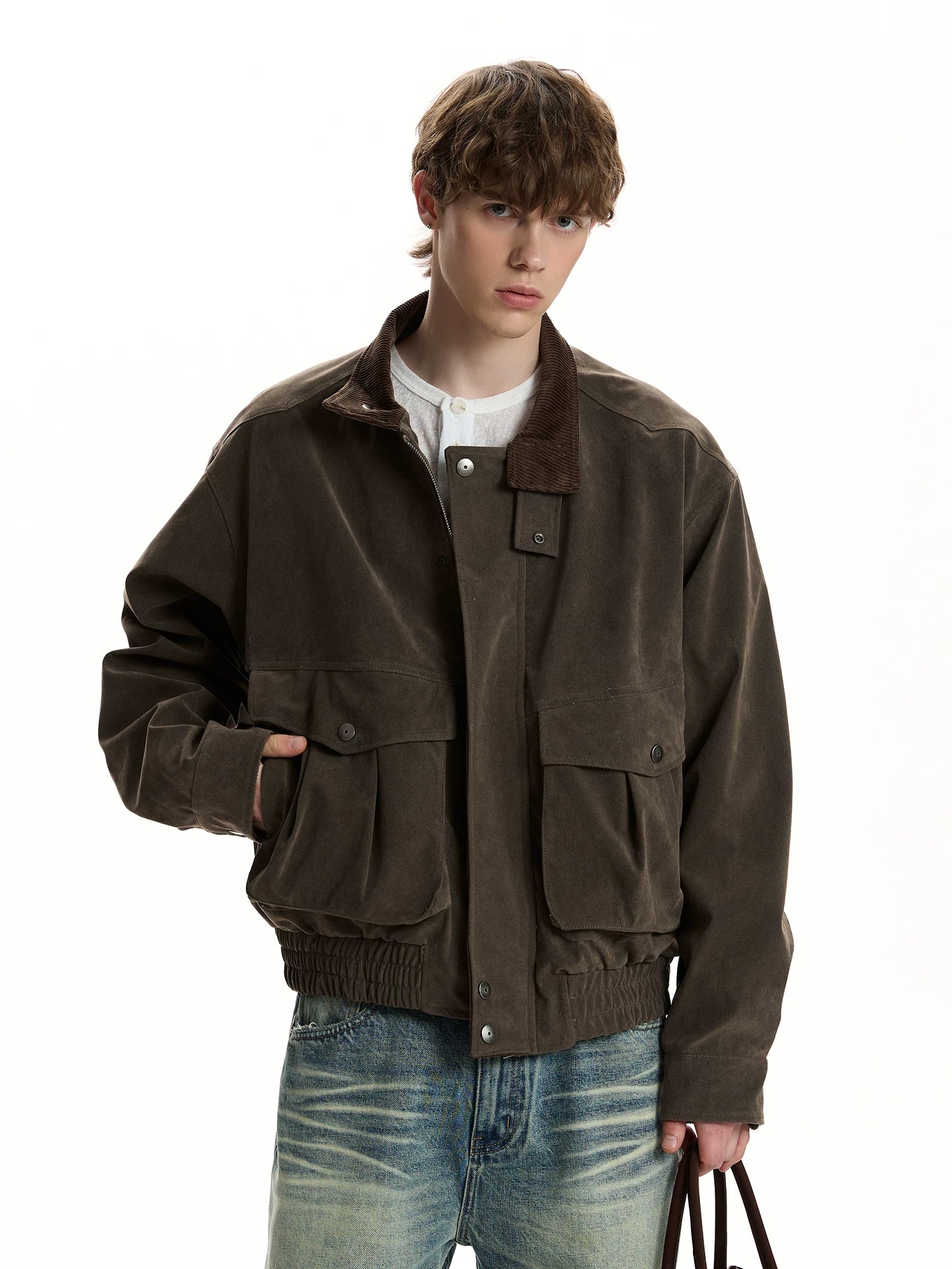 Suede stand-up collar tooling jacket men's loose and versatile short jacket WY041