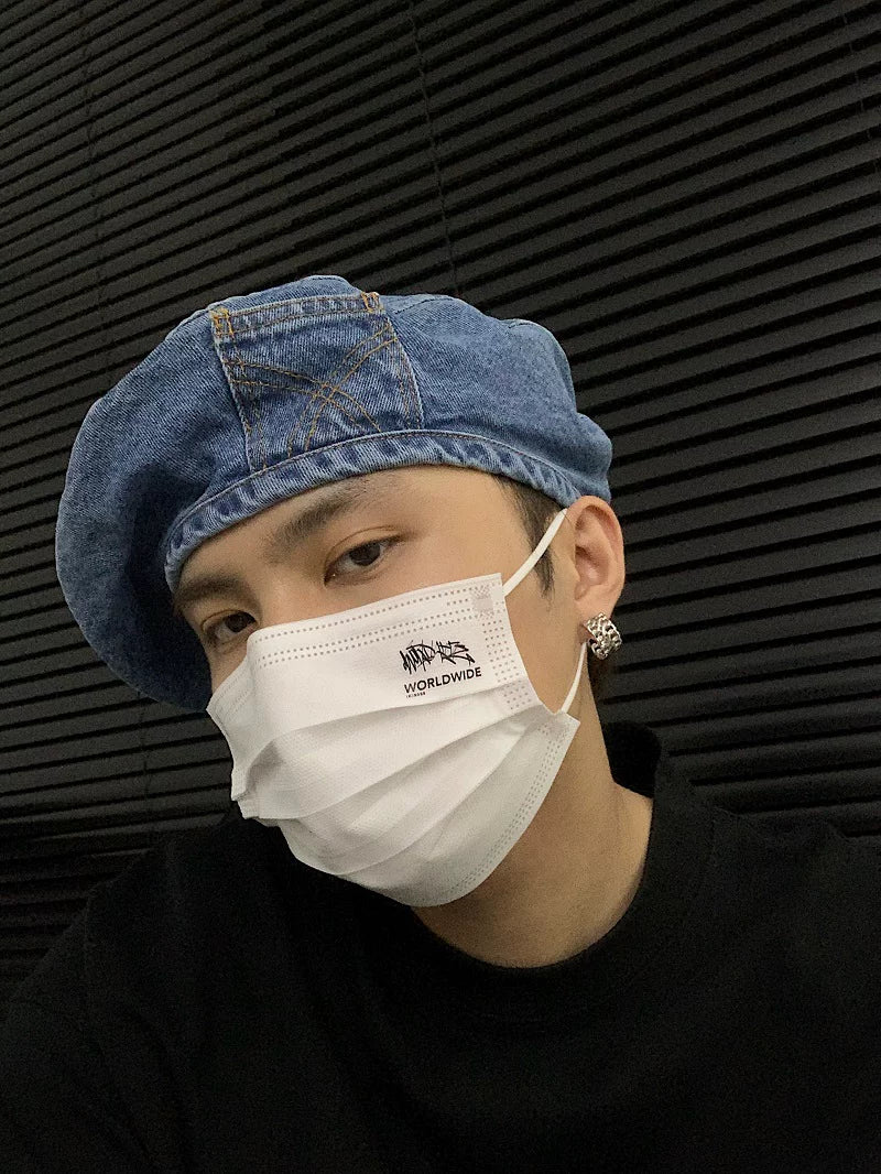 Vintage-inspired distressed denim beret - spring/summer washed wide-circumference octagonal hat - designer painter's cap - trendy