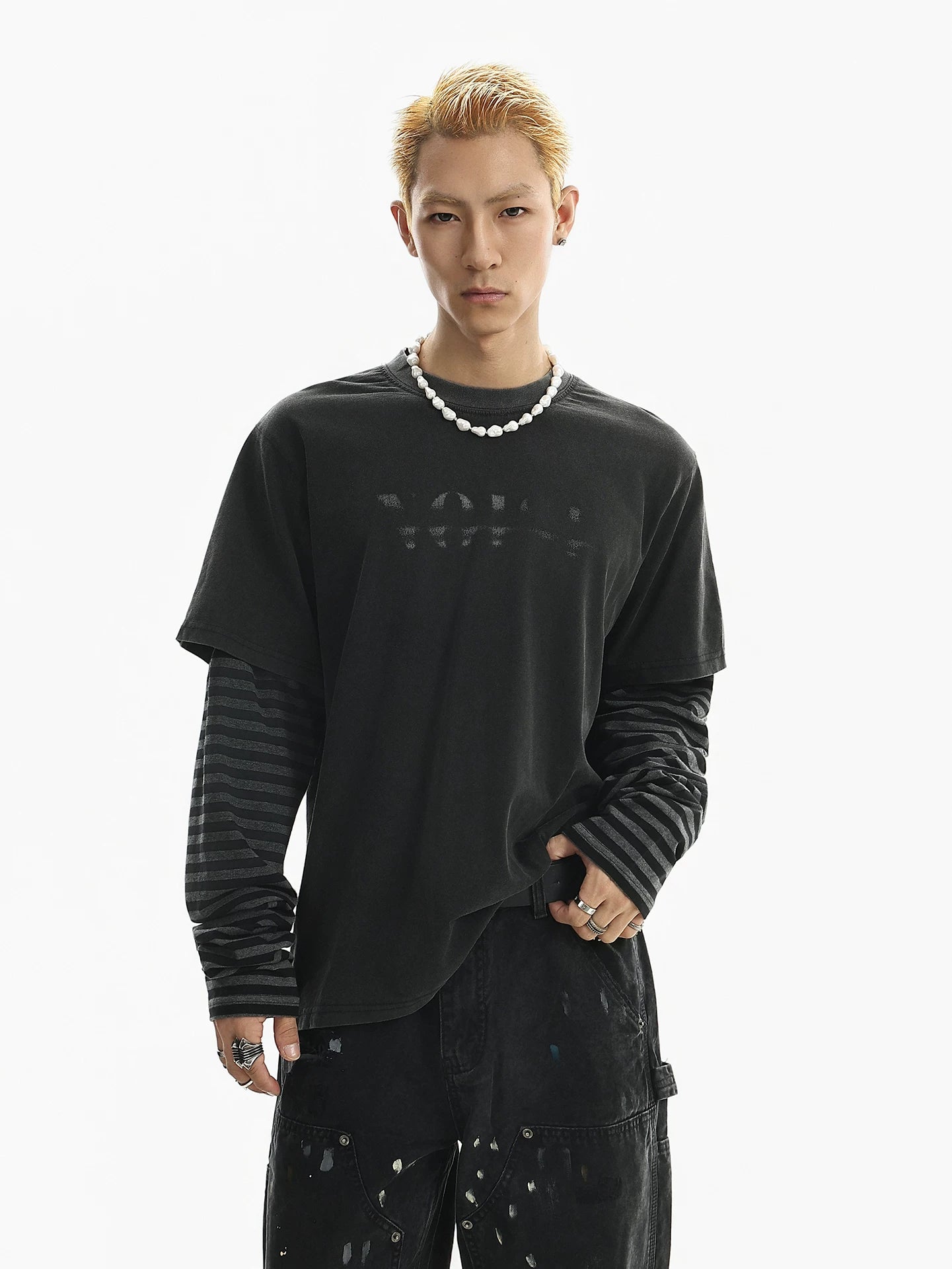 American retro print striped crew neck long sleeve t-shirt - men's spring casual loose fit faux two-piece top sinclub9441