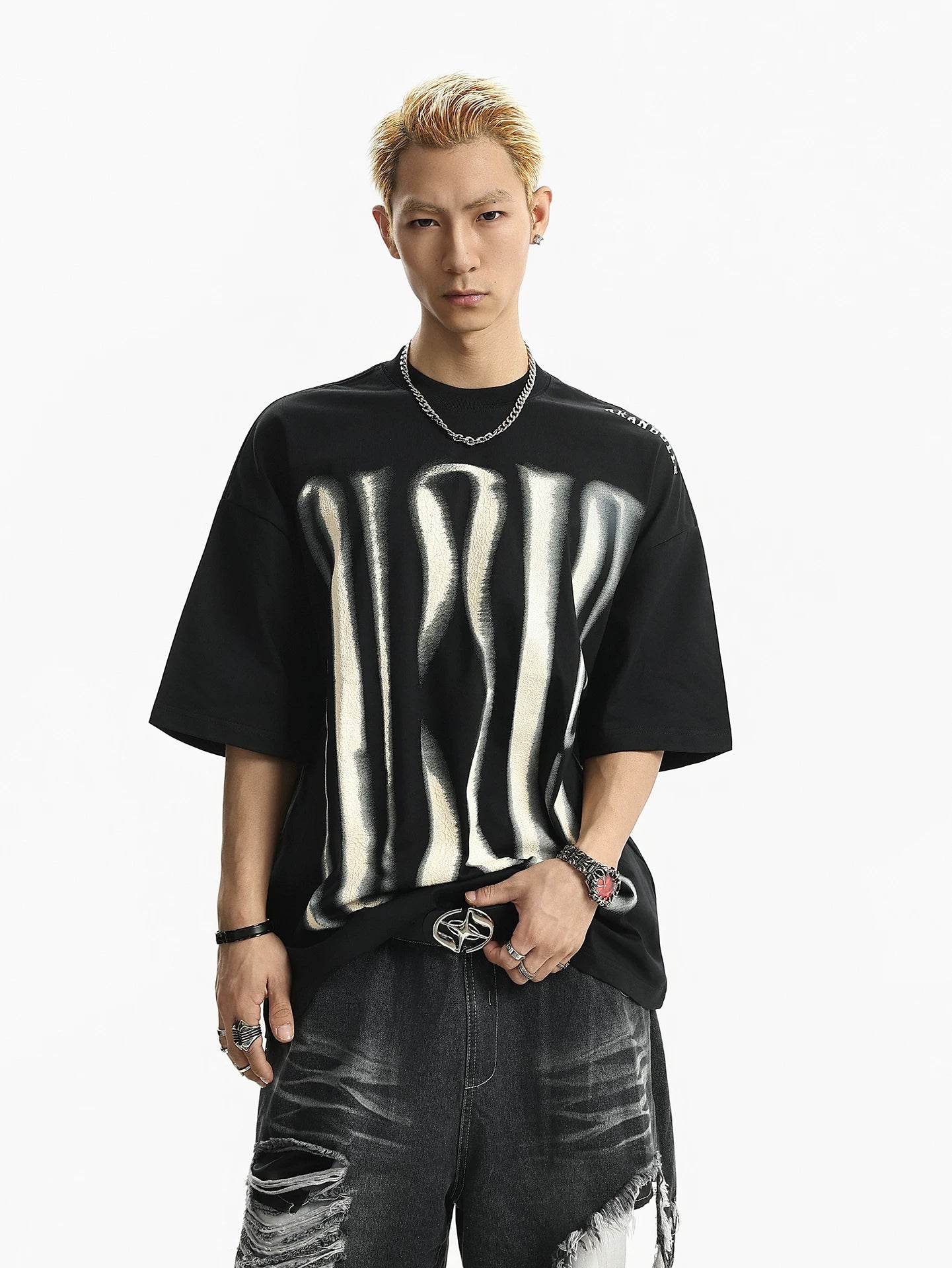 American high street printing round neck short-sleeved t-shirt men's summer retrotrendyheavy weightloose half-sleeved tops sinclub9516