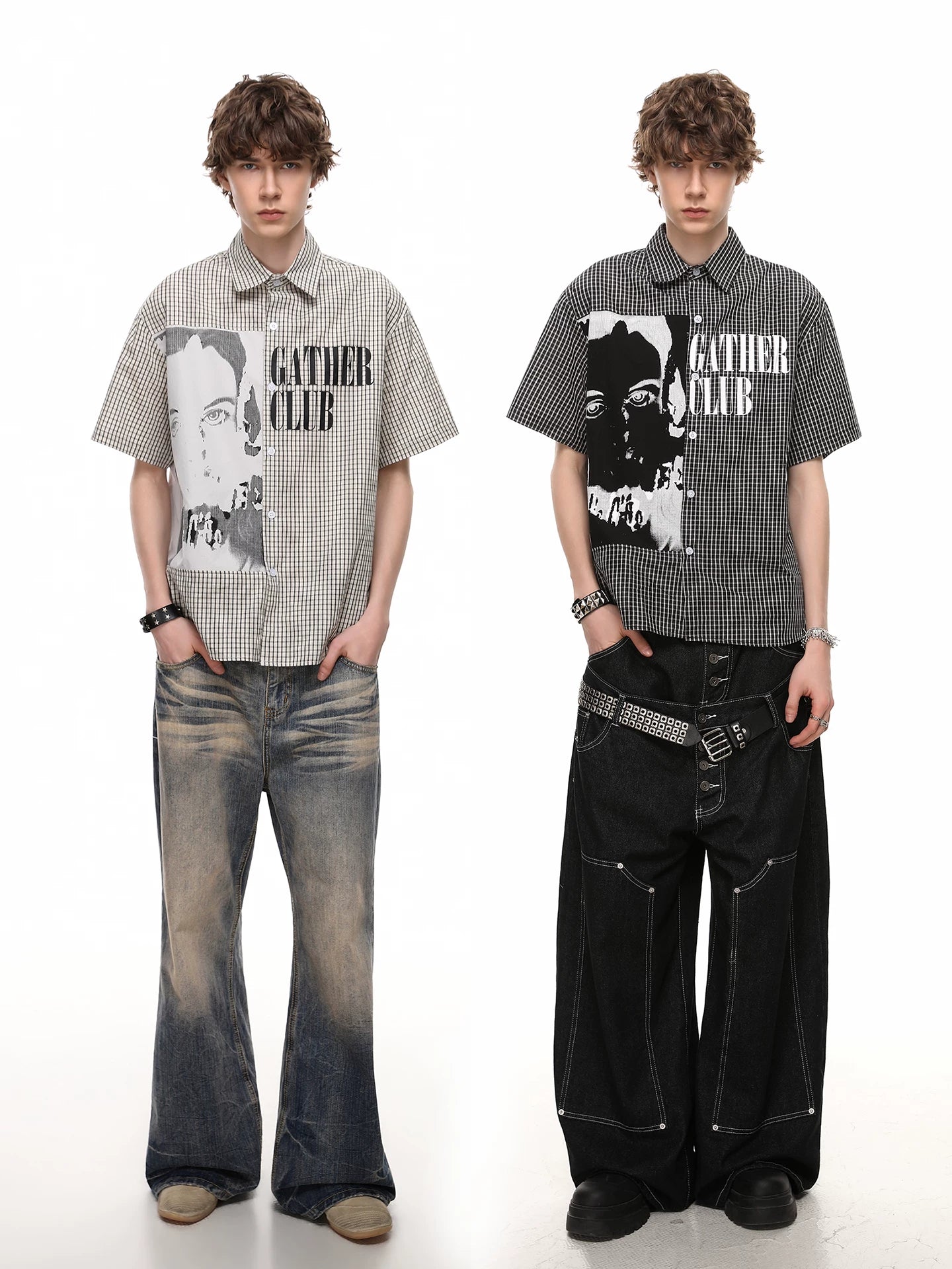 Original trendy brand visual dark character printing short sleeve shirt men's summer handsome looseplaid half sleeve shirt sinclub6468