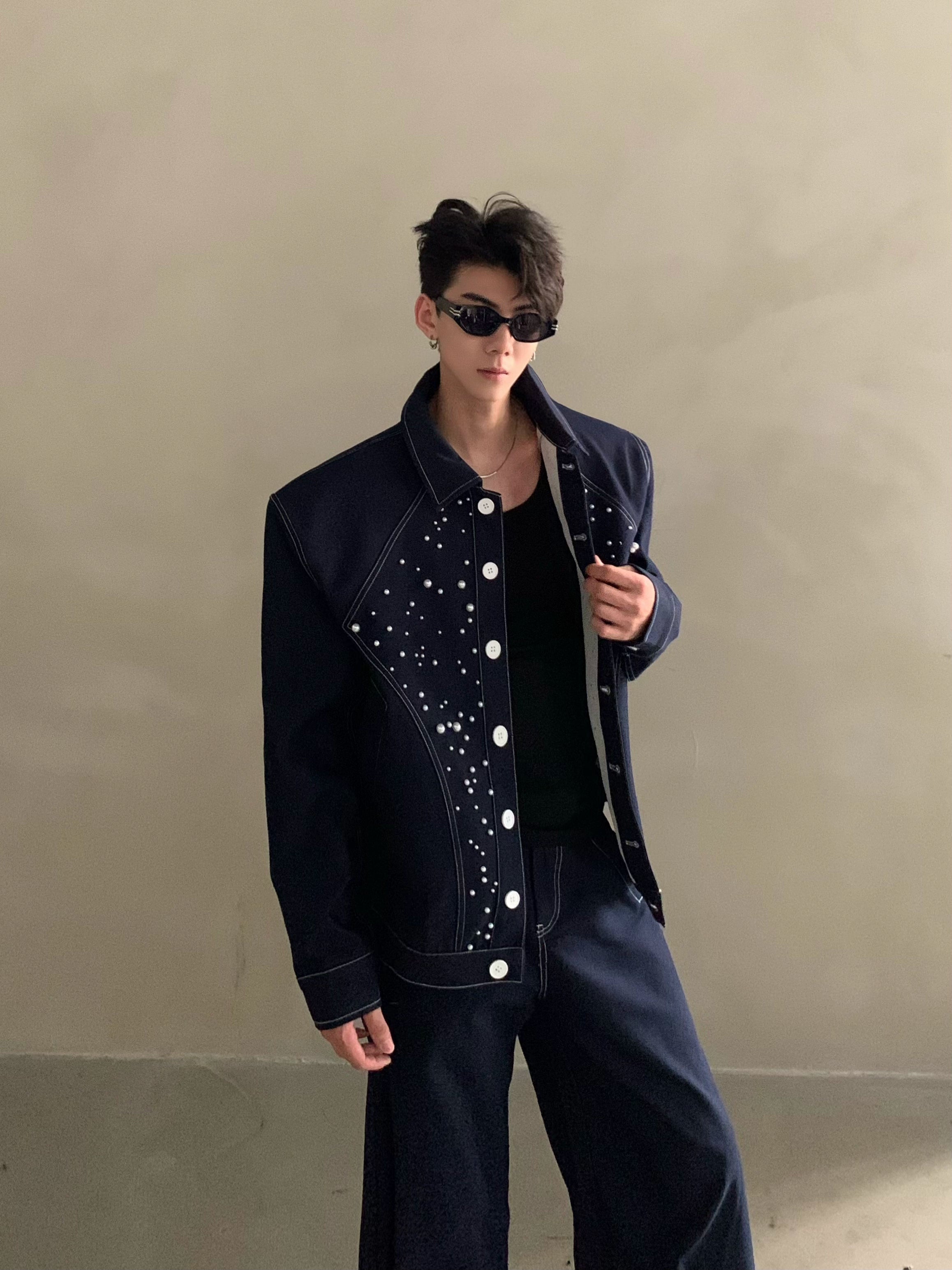 Niche high-end sense light luxury bright diamond pearl design denim jacket men's ruffian handsome fashion suit tide
