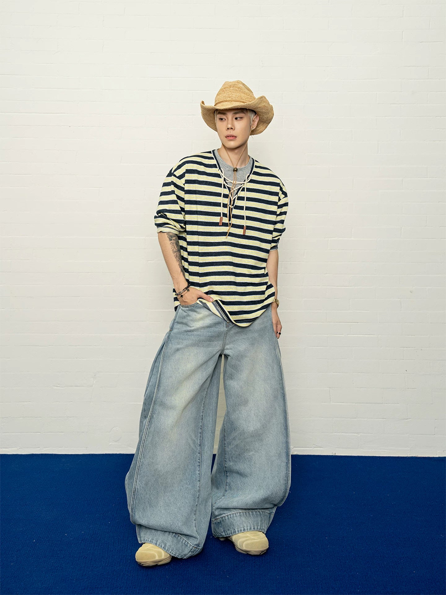 Adjustable hem washed distressed pleated denim jeans - summer loose fit wide leg pants for men sinclub6030