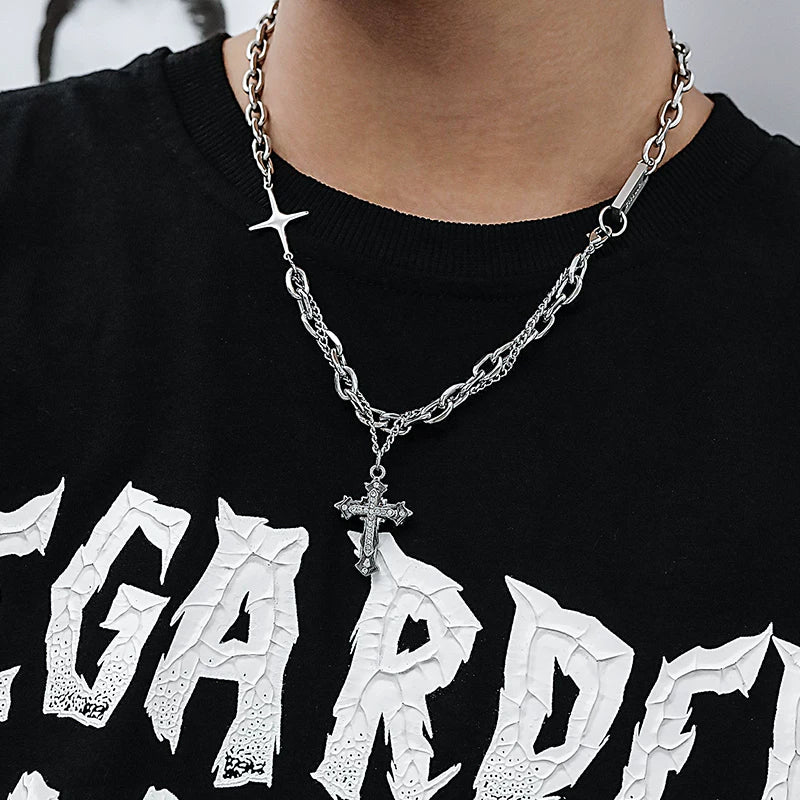 Necklace for men, trendy design, niche double-layer cross pendant, hip-hop accessories, high street, handsome boys, titanium steel collarbone SIN079