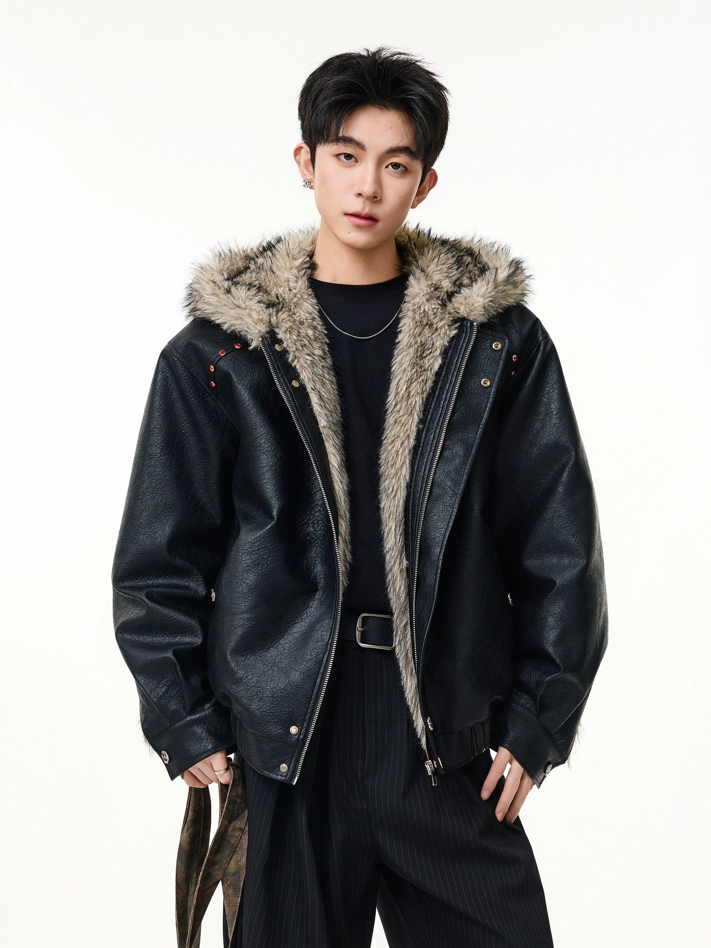 American hip-hop lychee pattern PU seat mountain carving cotton-padded coat men's trendy brand loose plush hooded leather jacket SIN0899