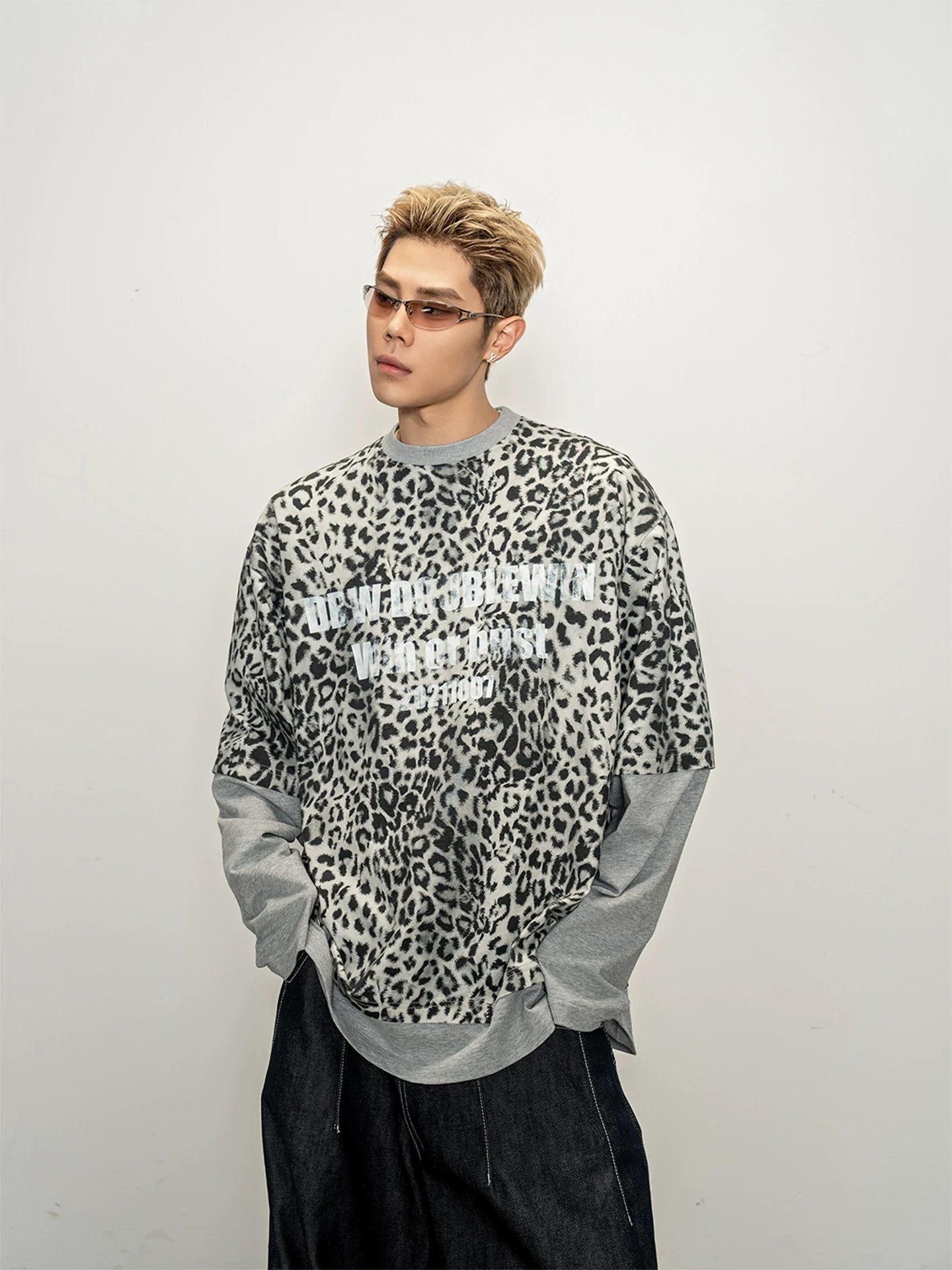 Leopard print patchwork two-piece look long sleeve t-shirt - layered, relaxed fit, versatile drop shoulder casual top