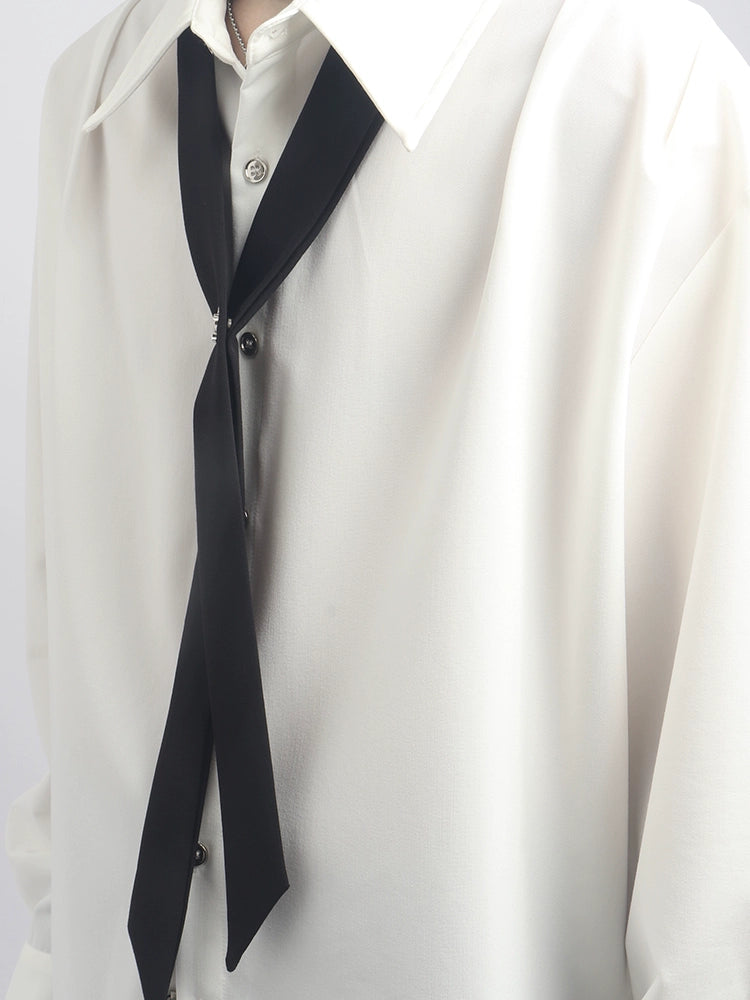 High-end ruffian handsome tie decorative shirt men's solid color versatile fashion men's shirt