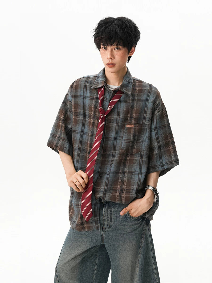 Plaid short-sleeved shirt half-sleeved top SIN051