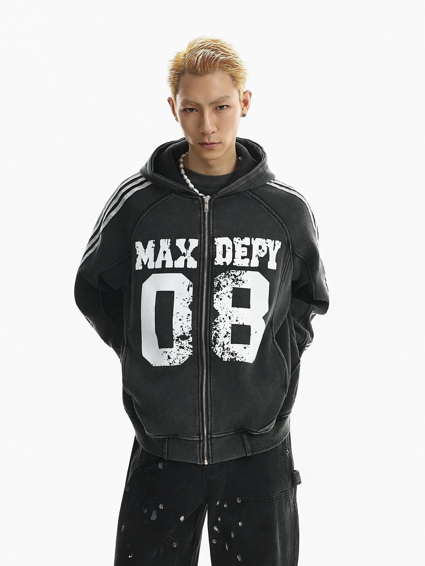 American high street digital printing stripes hooded sweatshirt men's spring tide brand washed loose zipper outwear sinclub6546