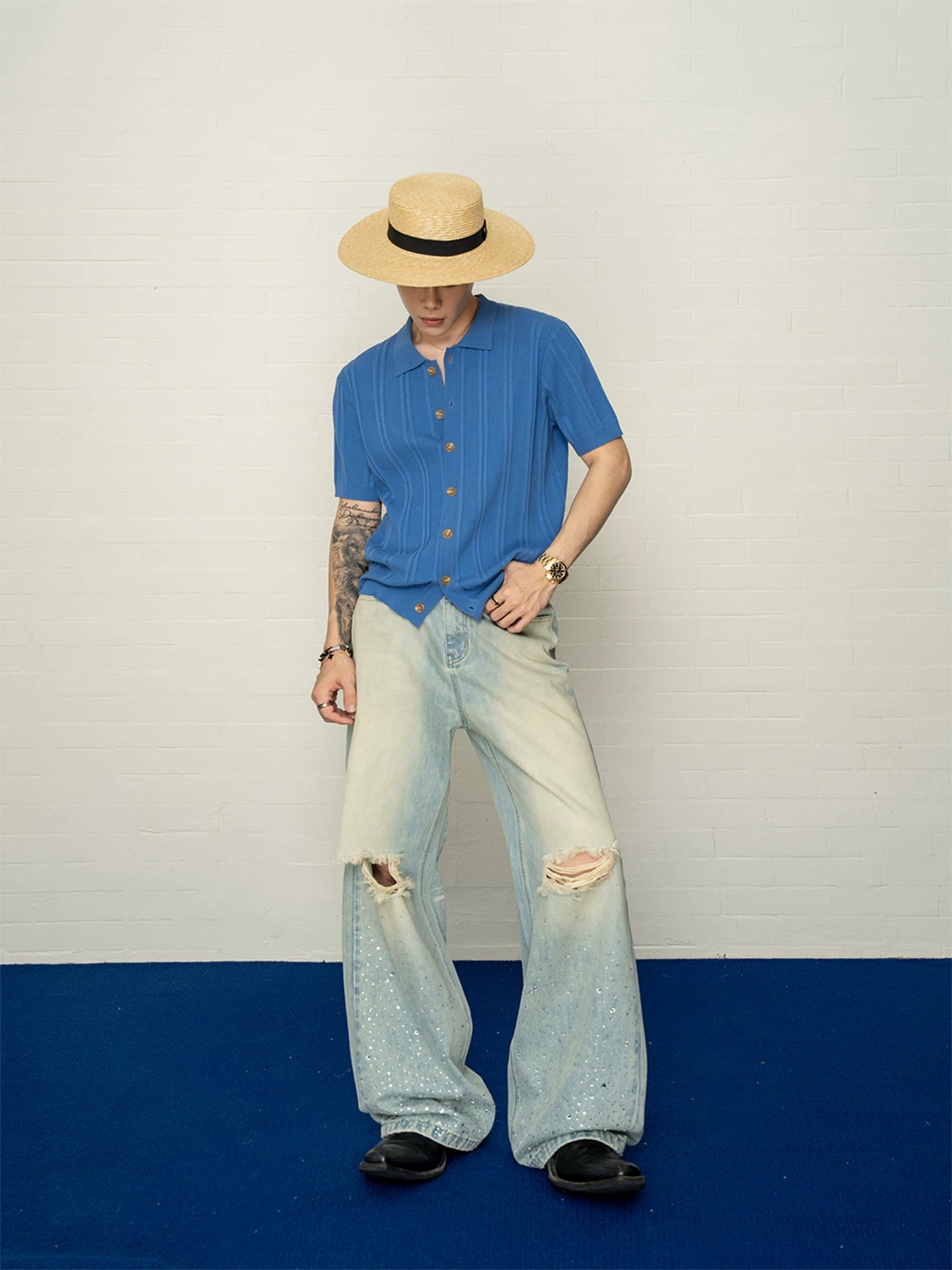 Starry heavy industry hot diamond polished white gradient hole straight-legjeanslooseloose pants for men sinclub5990