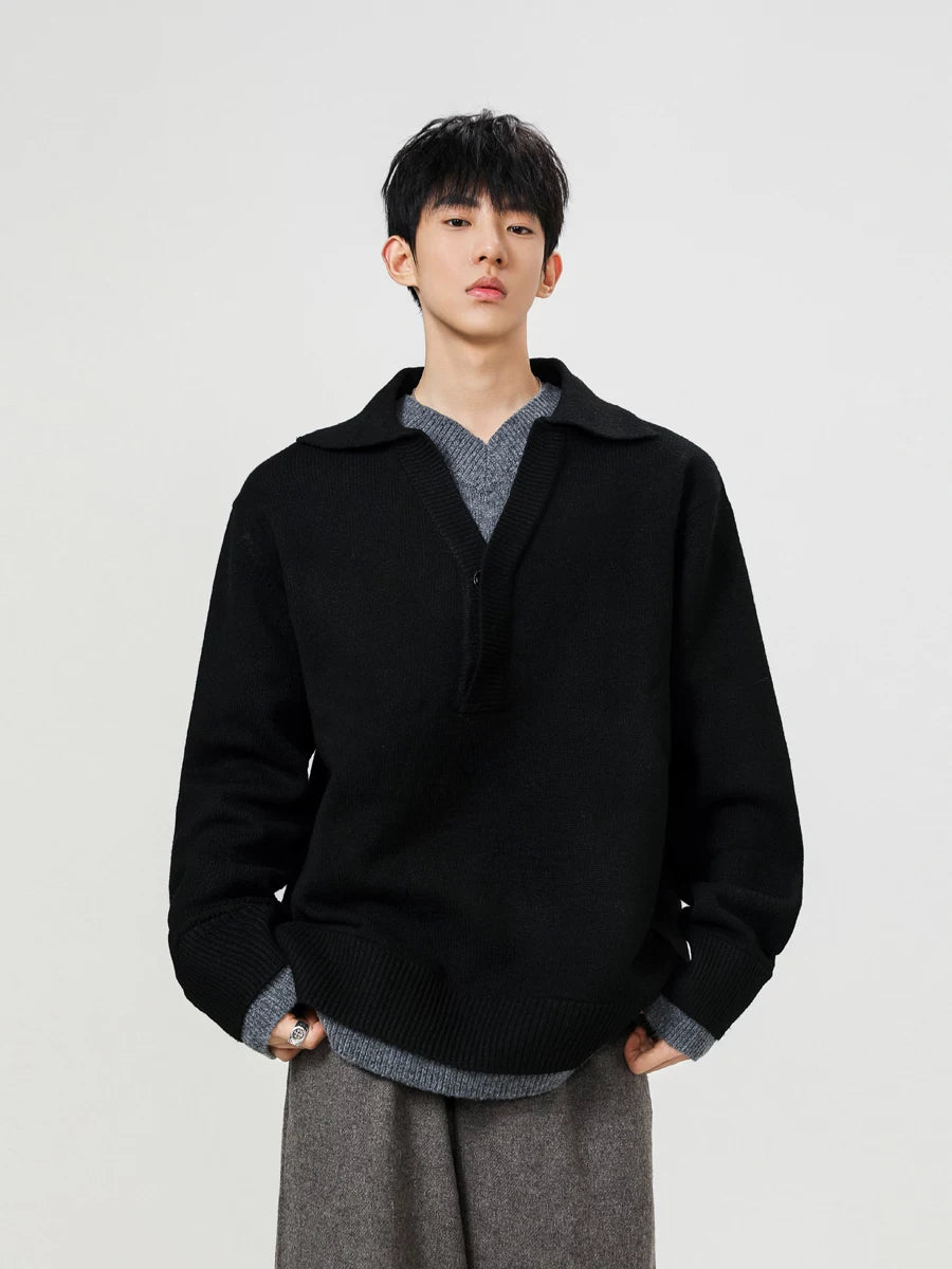 American fake two-piece lapel sweater men's old money style lazy pullover polo knitting shirt SIN014
