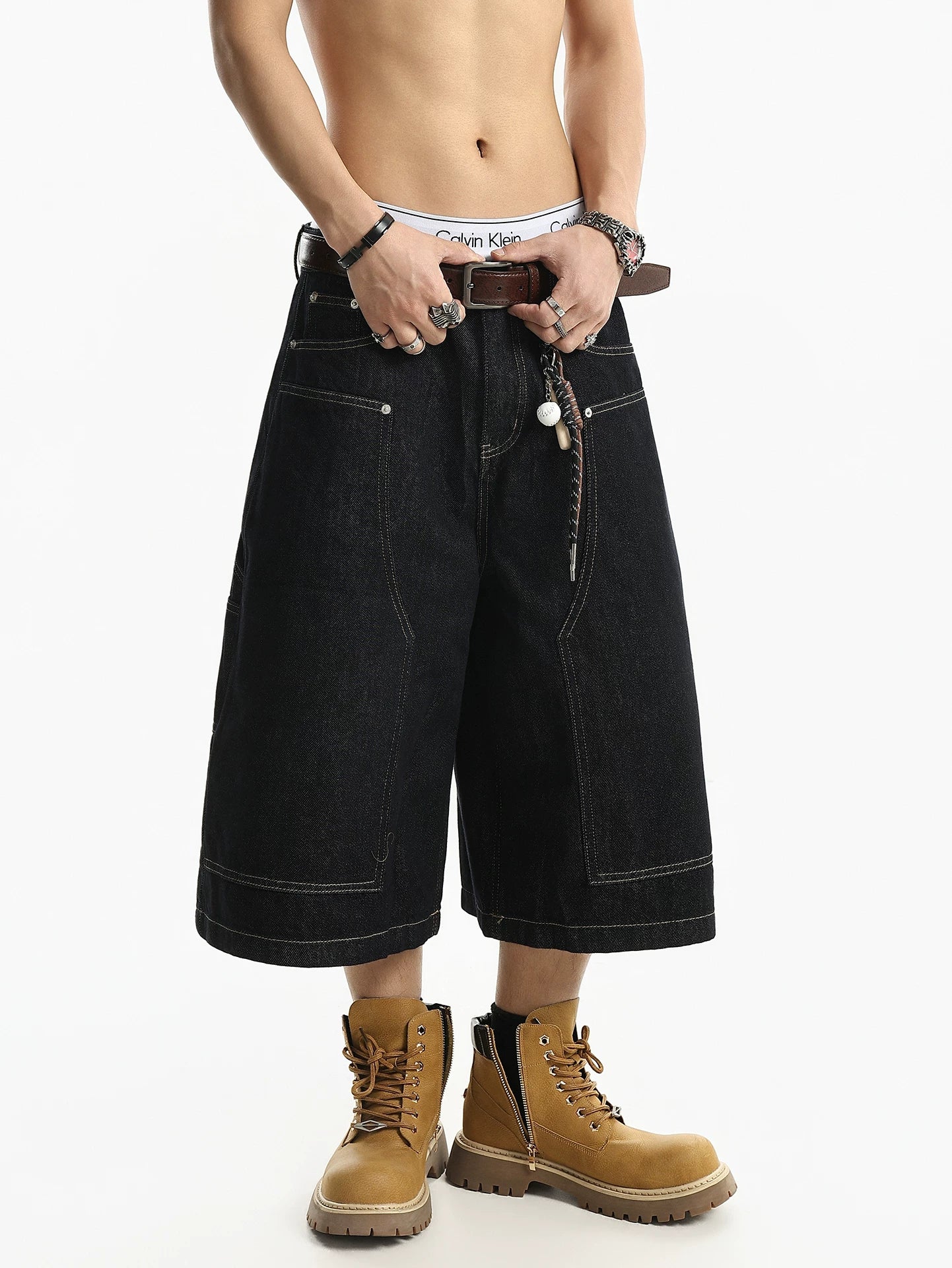 American high street retro washed pure colortrendyeasiest for matchloose wide leg denim cropped pants men summer sinclub1168