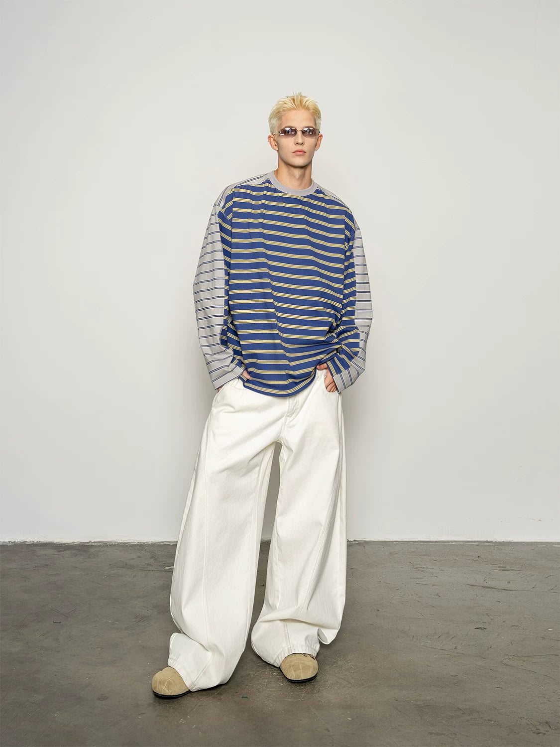 Retro wide contrast colorstripeslong sleevest-shirt spring layered stereo looseeasiest for matchtops
