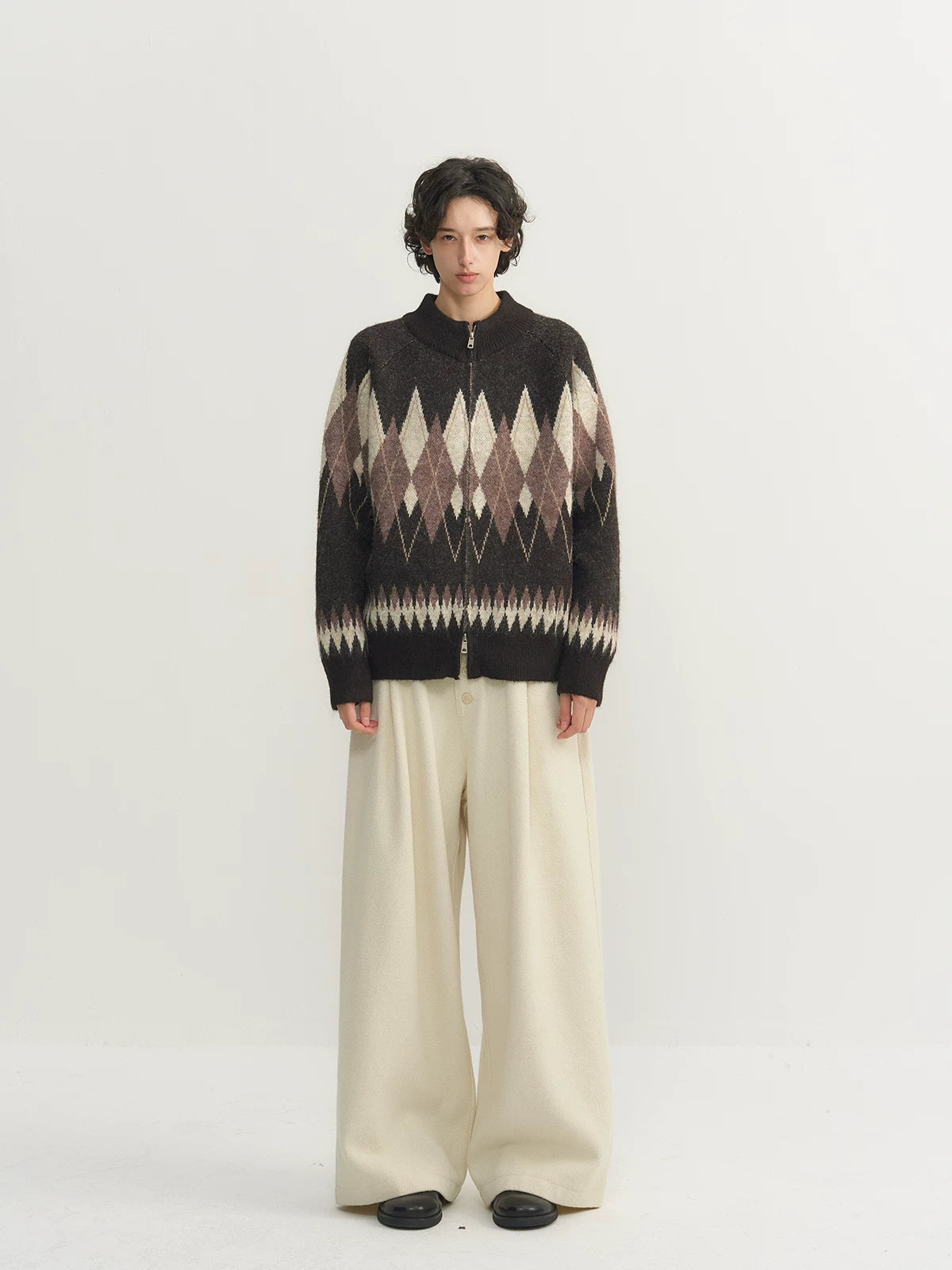 Alpaca long hair diamond quilted zip-up turtleneck fair isle sweater SIN0887