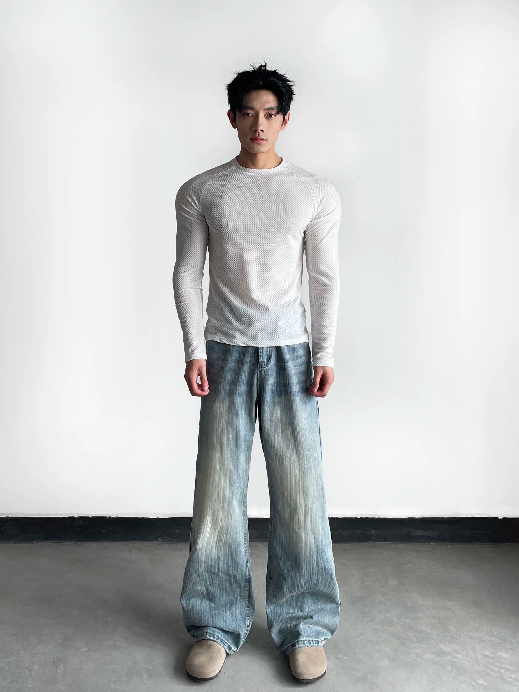 Bamboo pattern washed classyjeansmen american casuala-line silhouette straight-legpants sinclub6849