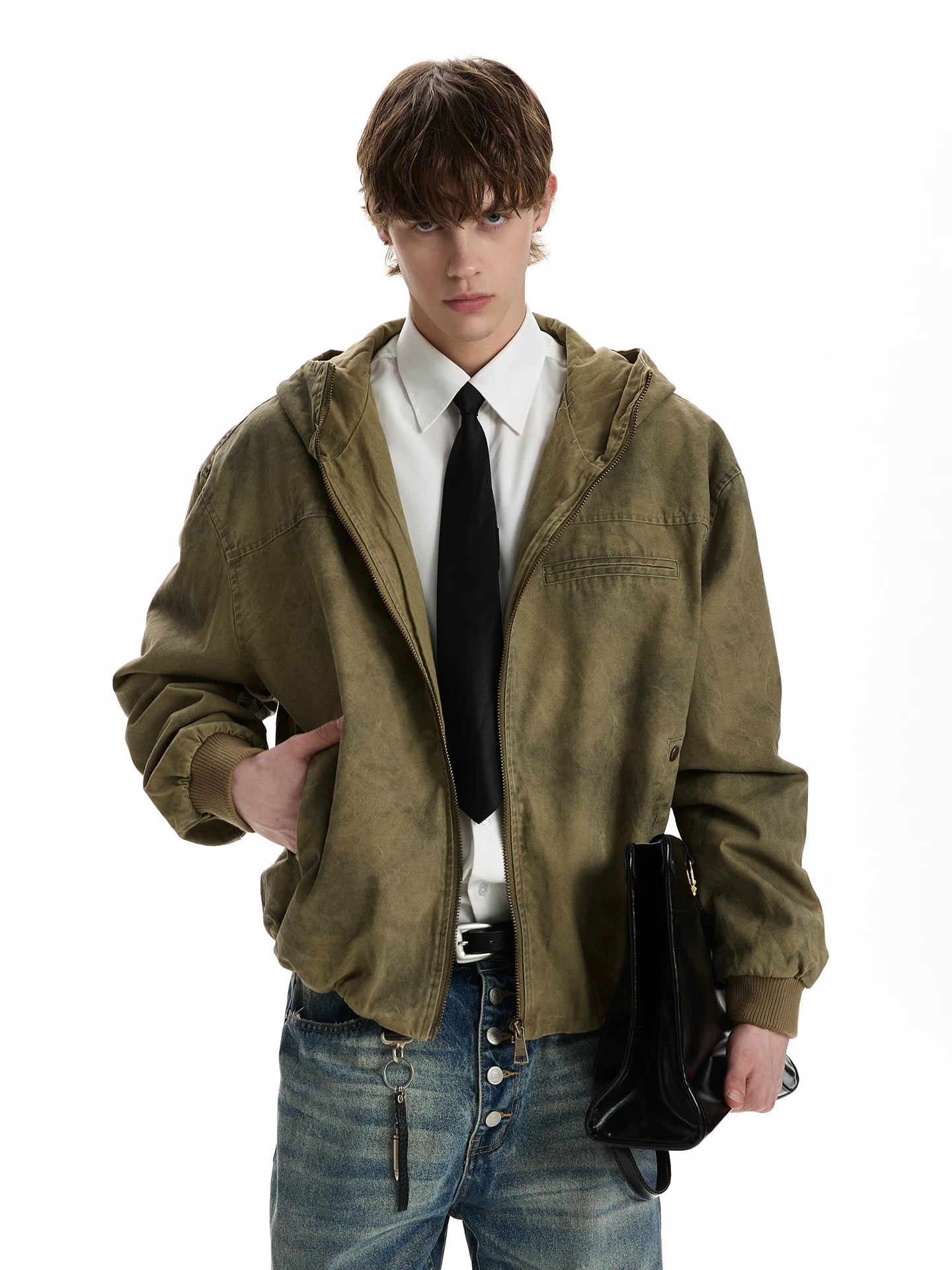 Heavy industry washed old tooling jacket loose short hooded jacket WY050