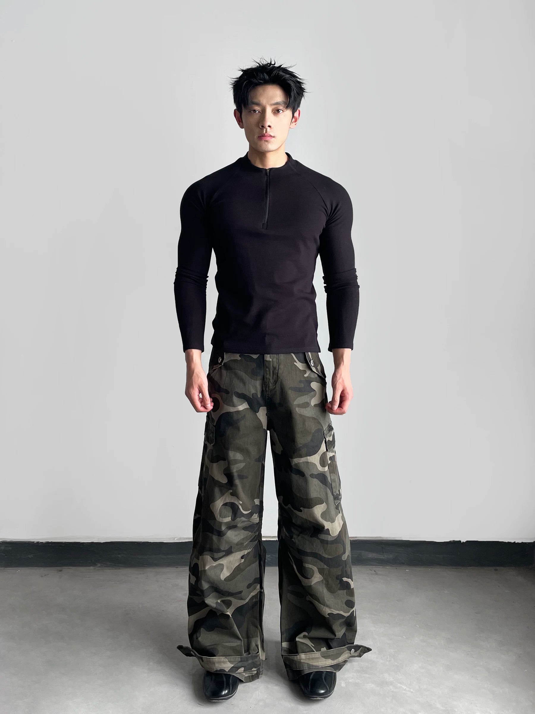American camo wide-leg scimitar cargo pants - vintage casual tough guy style camo straight-leg trousers - trendy sinclub6497