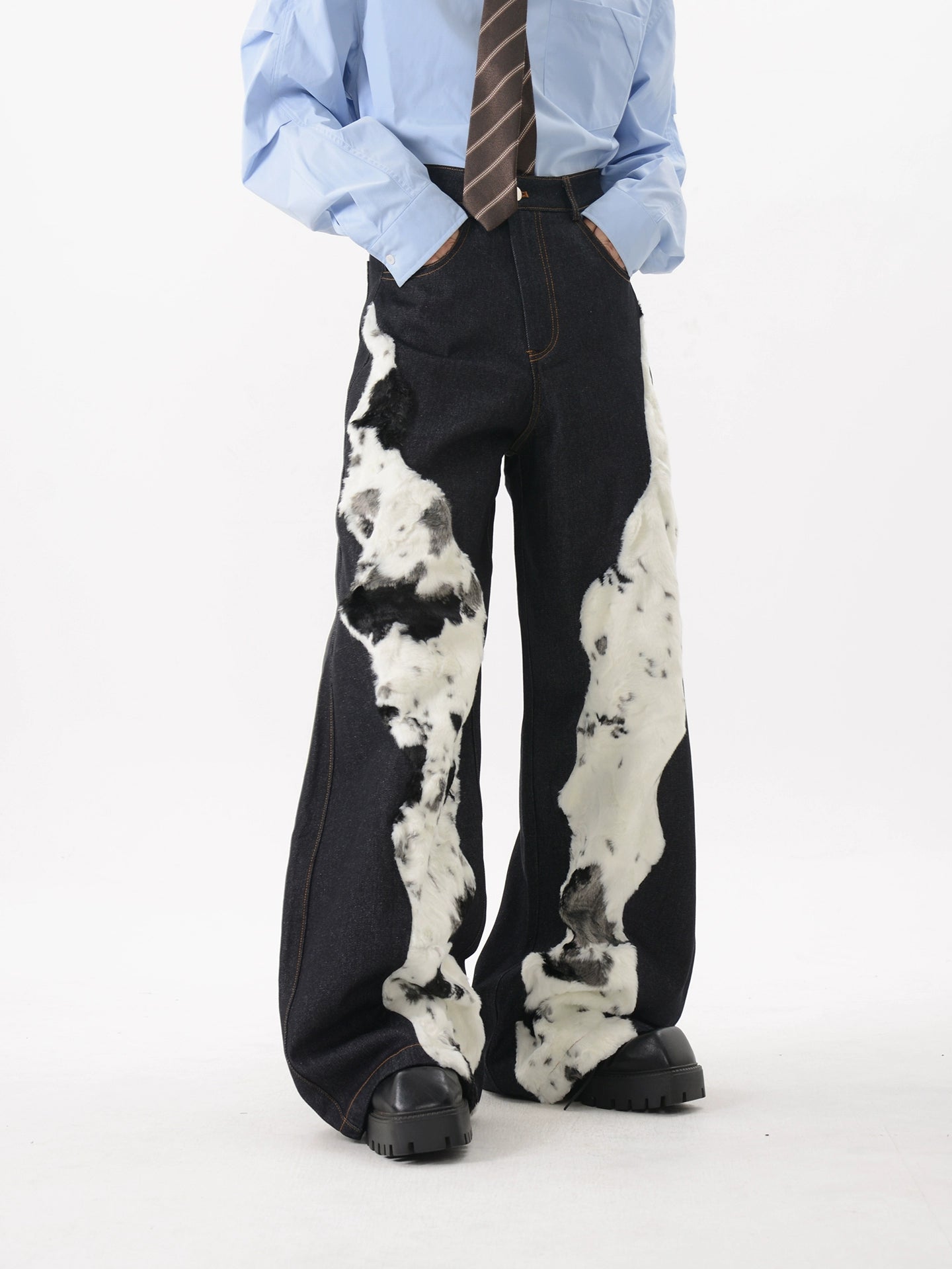 Niche deconstruction design sense splicing plush jeans SIN0802