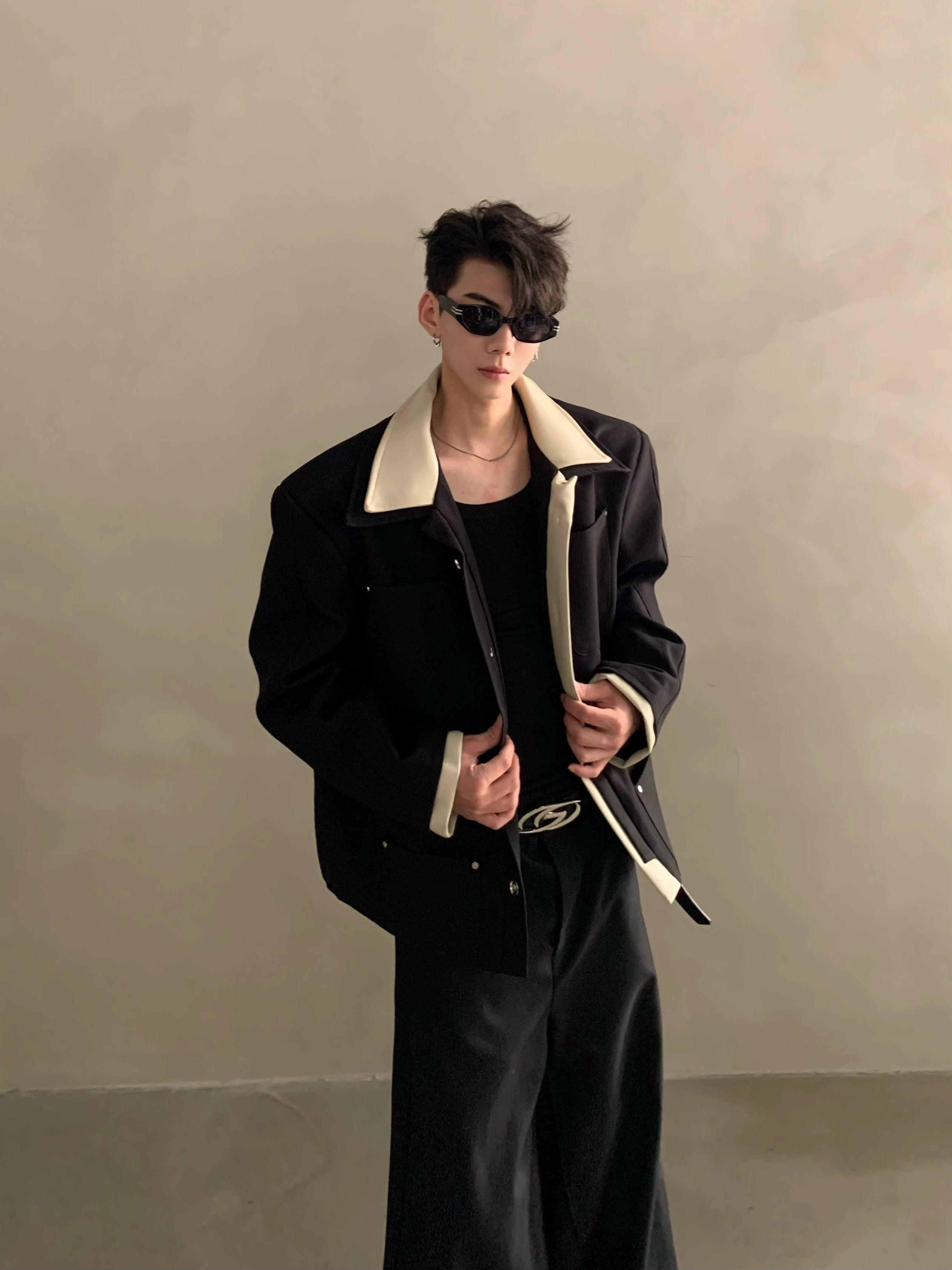 Niche light luxury high-end splicing lapel design casual jacket jacket men's ruffian handsome top tide