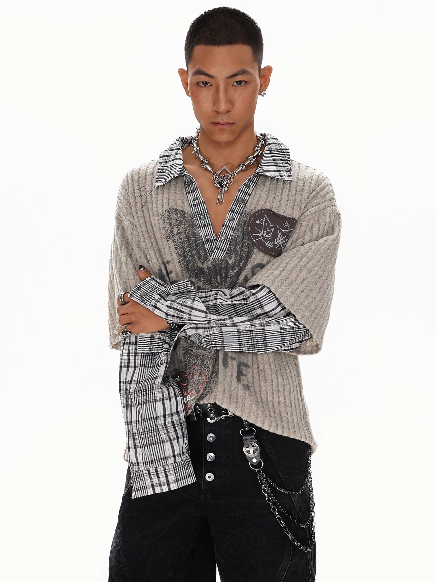 American v-neck long sleevest-shirt spring thin lapel sweatshirtloosefake two-pieceoversizetops sinclub8641